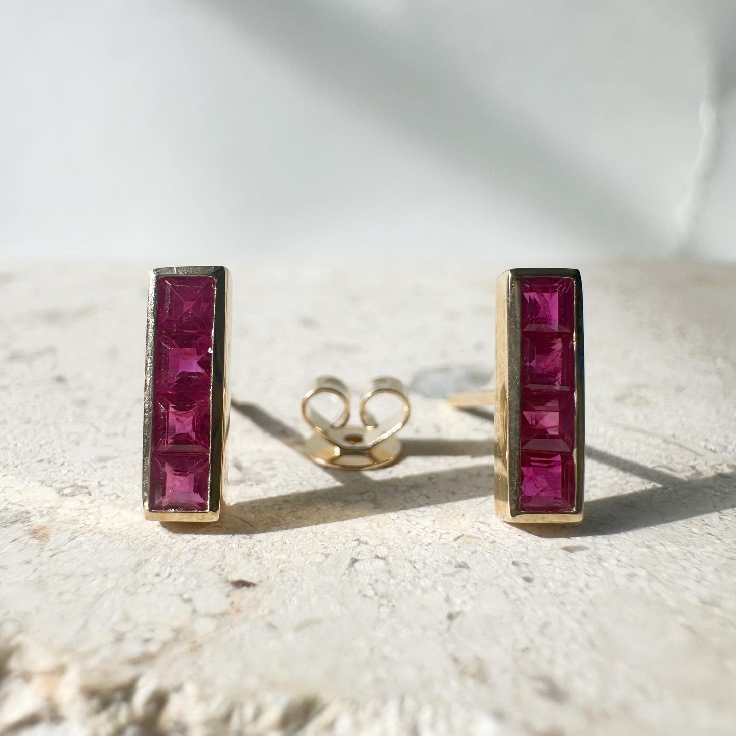 14K Solid Gold Genuine Ruby Bezel Bar Studs/Pair