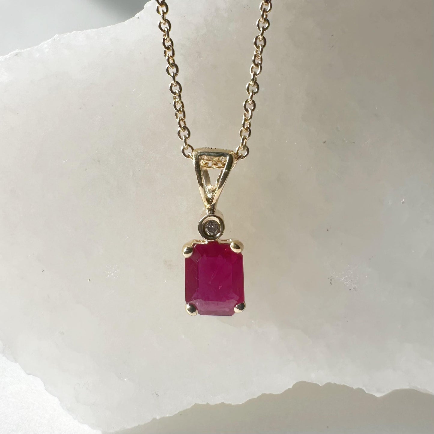 14K Solid Gold Genuine Octagon Ruby and Bezel Diamond Pendant