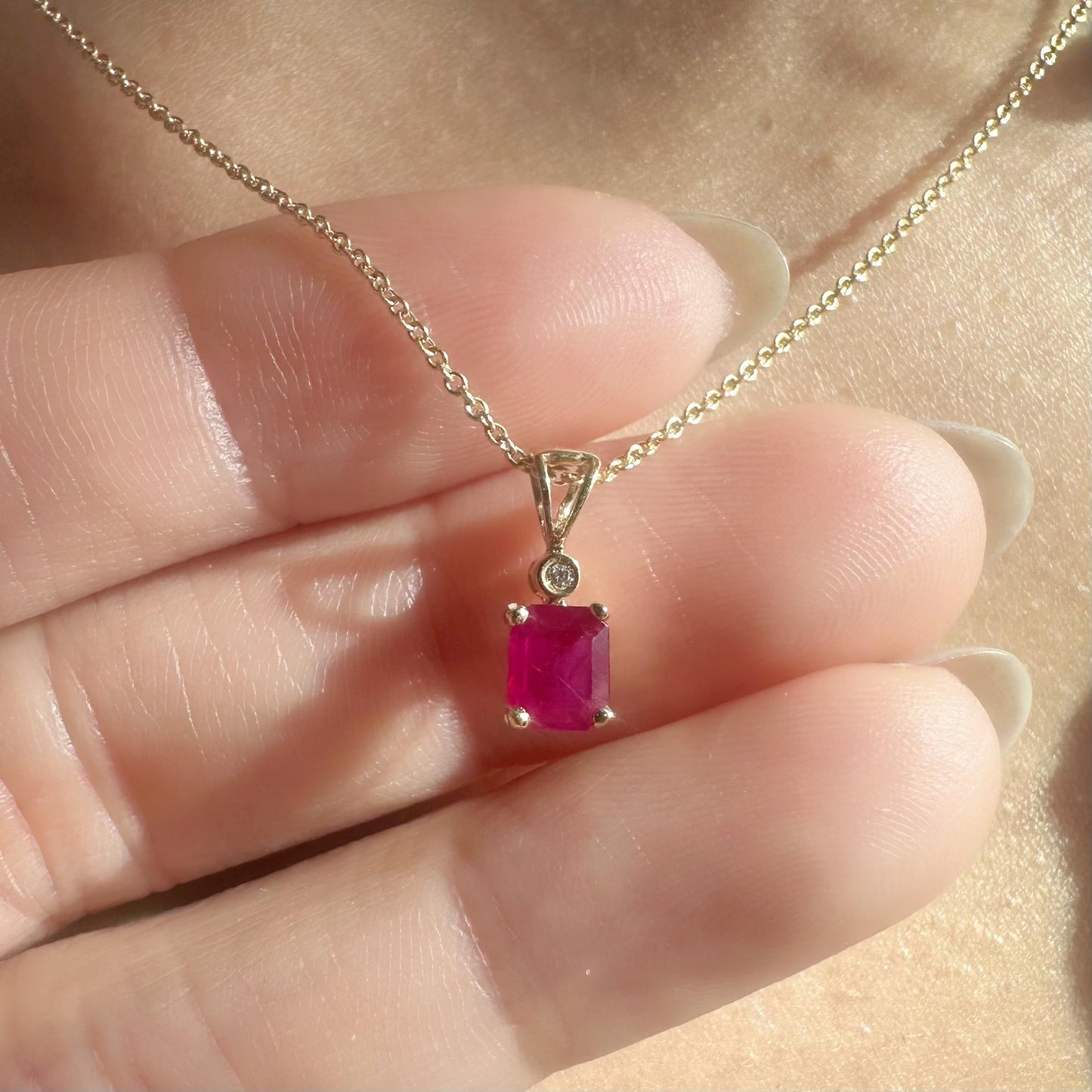 14K Solid Gold Genuine Octagon Ruby and Bezel Diamond Pendant