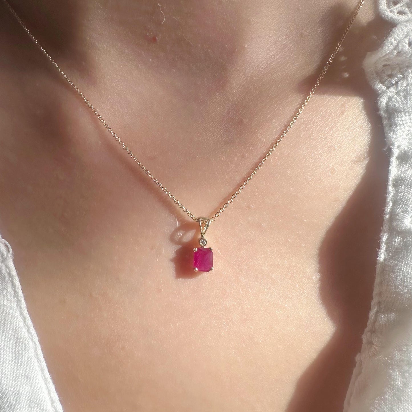 14K Solid Gold Genuine Octagon Ruby and Bezel Diamond Pendant