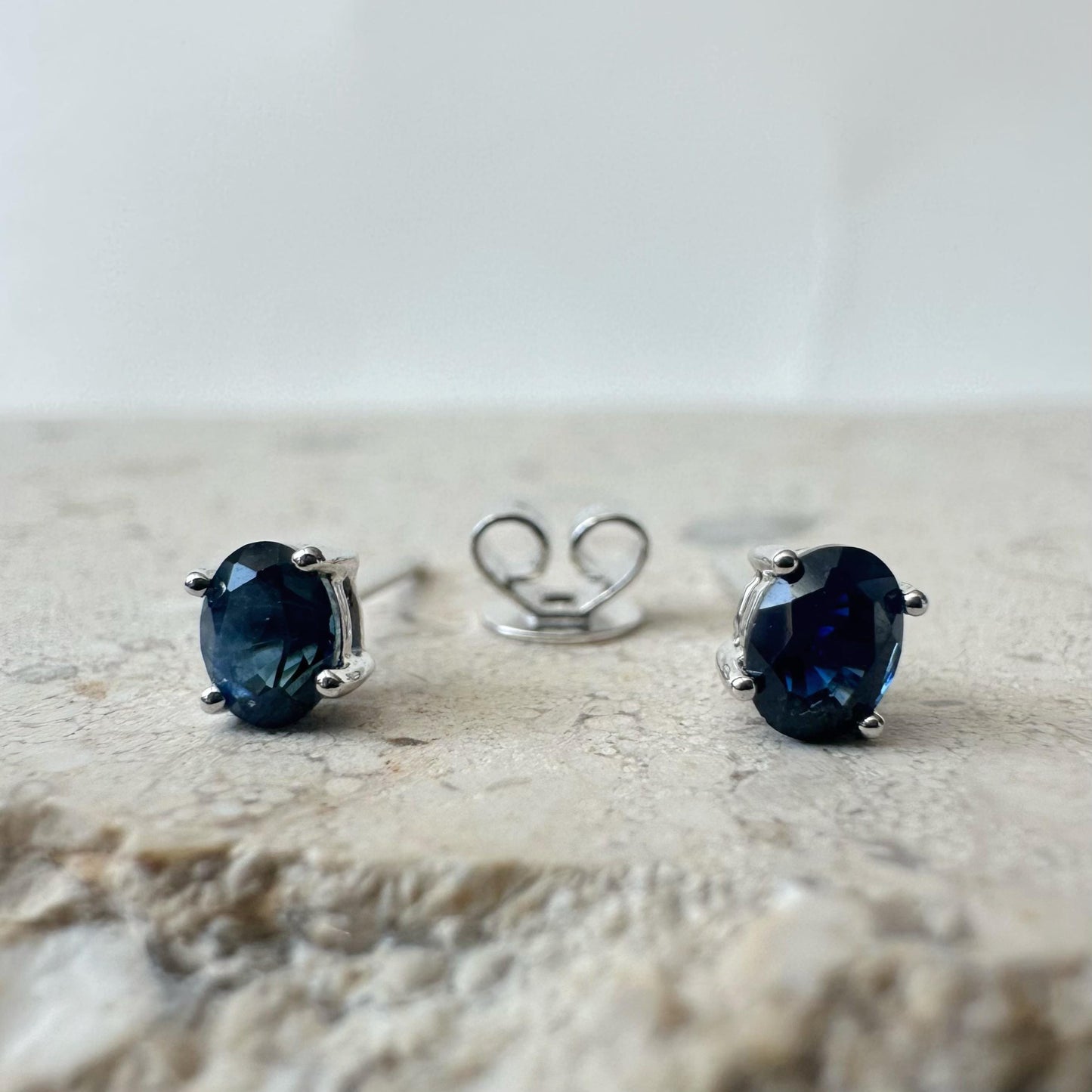 14K Solid White Gold Genuine Oval Sapphire Studs/Pair