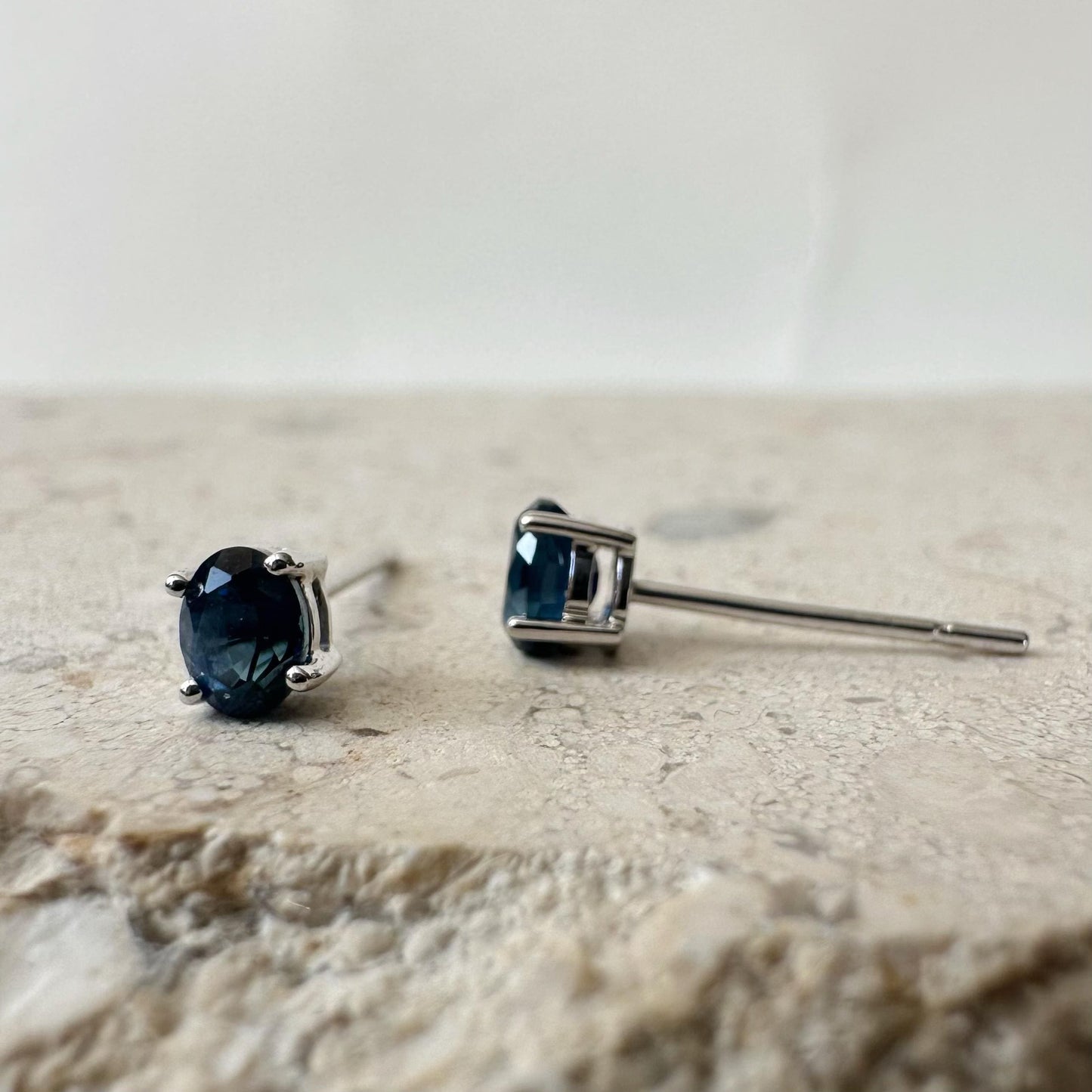 14K Solid White Gold Genuine Oval Sapphire Studs/Pair