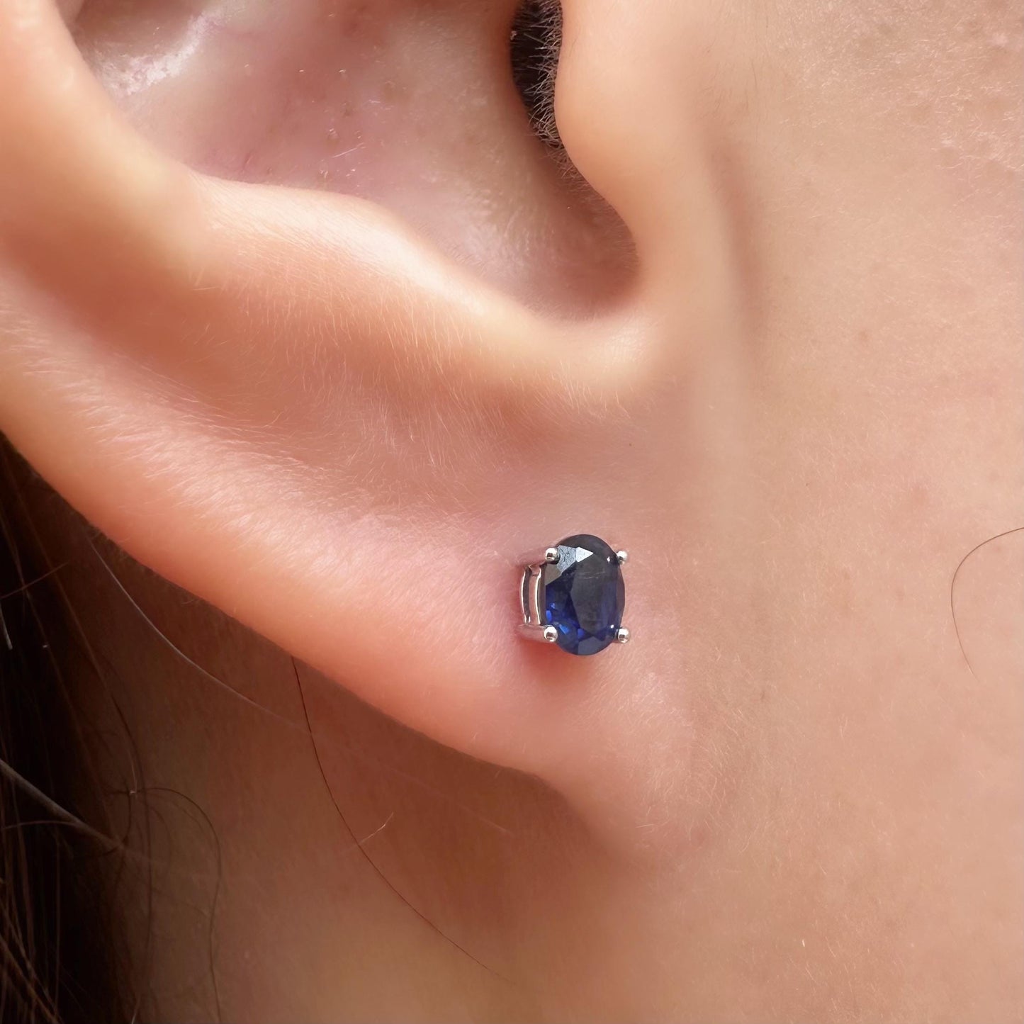 14K Solid White Gold Genuine Oval Sapphire Studs/Pair