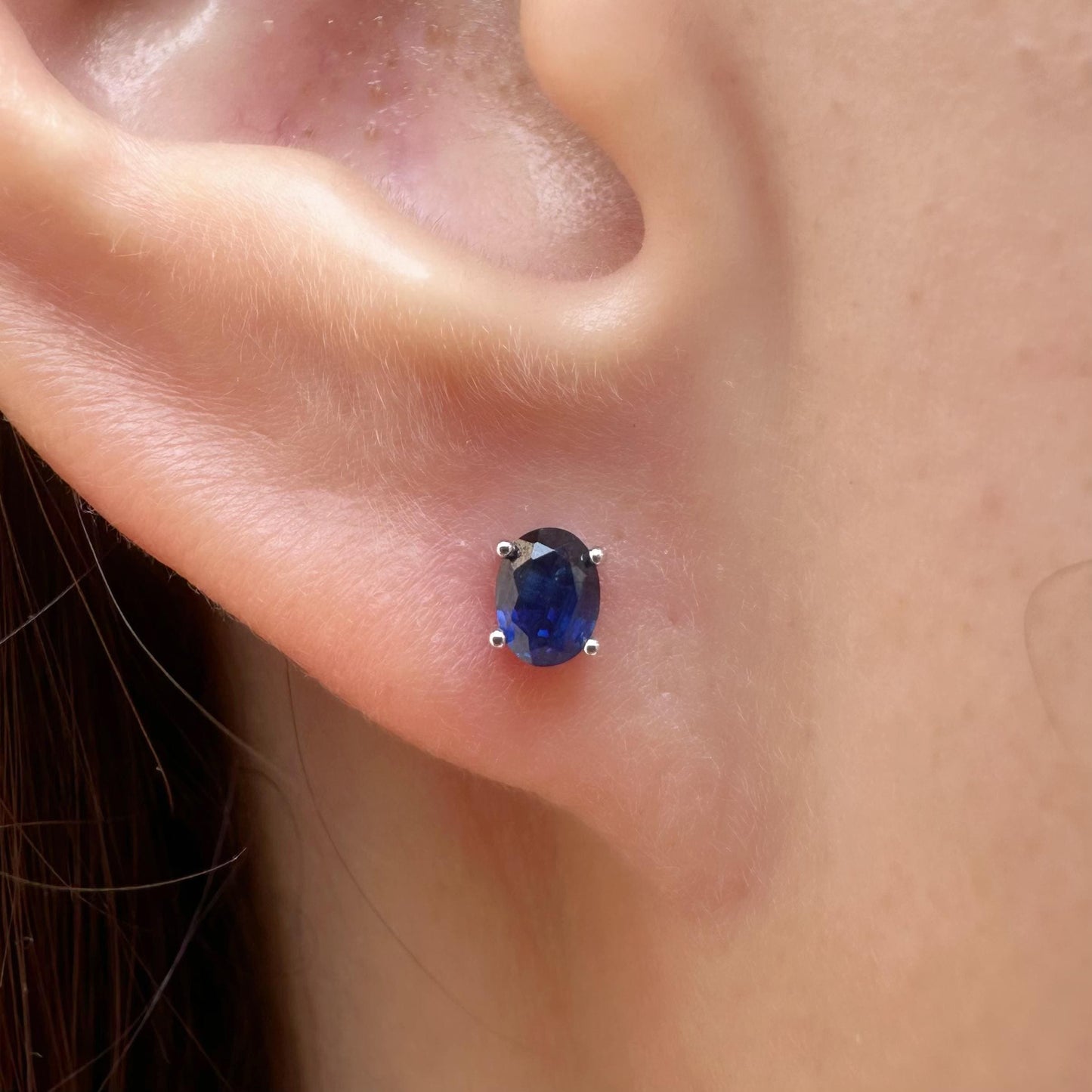 14K Solid White Gold Genuine Oval Sapphire Studs/Pair