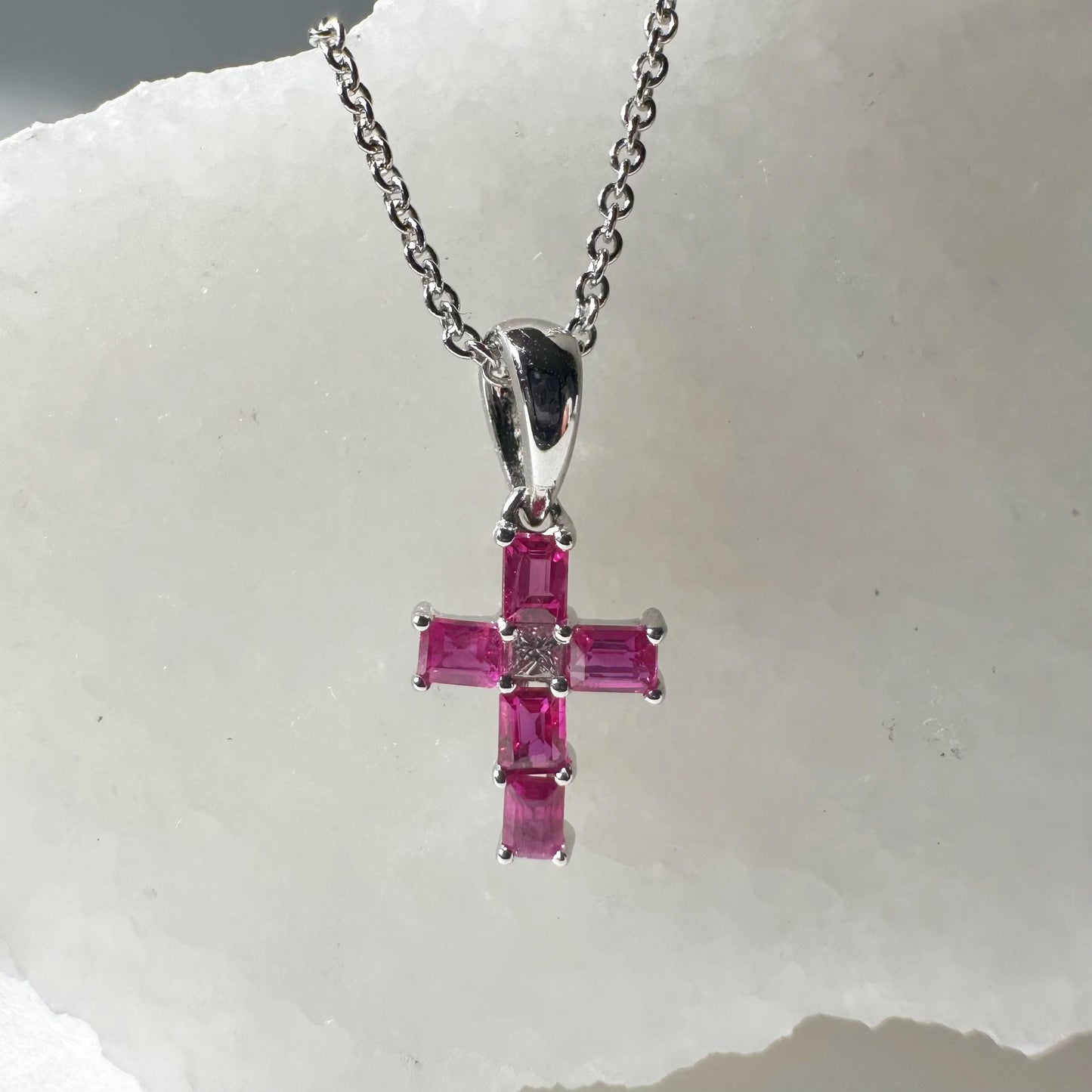 14K Solid White Gold Genuine Baguette Ruby and Diamond Cross Pendant