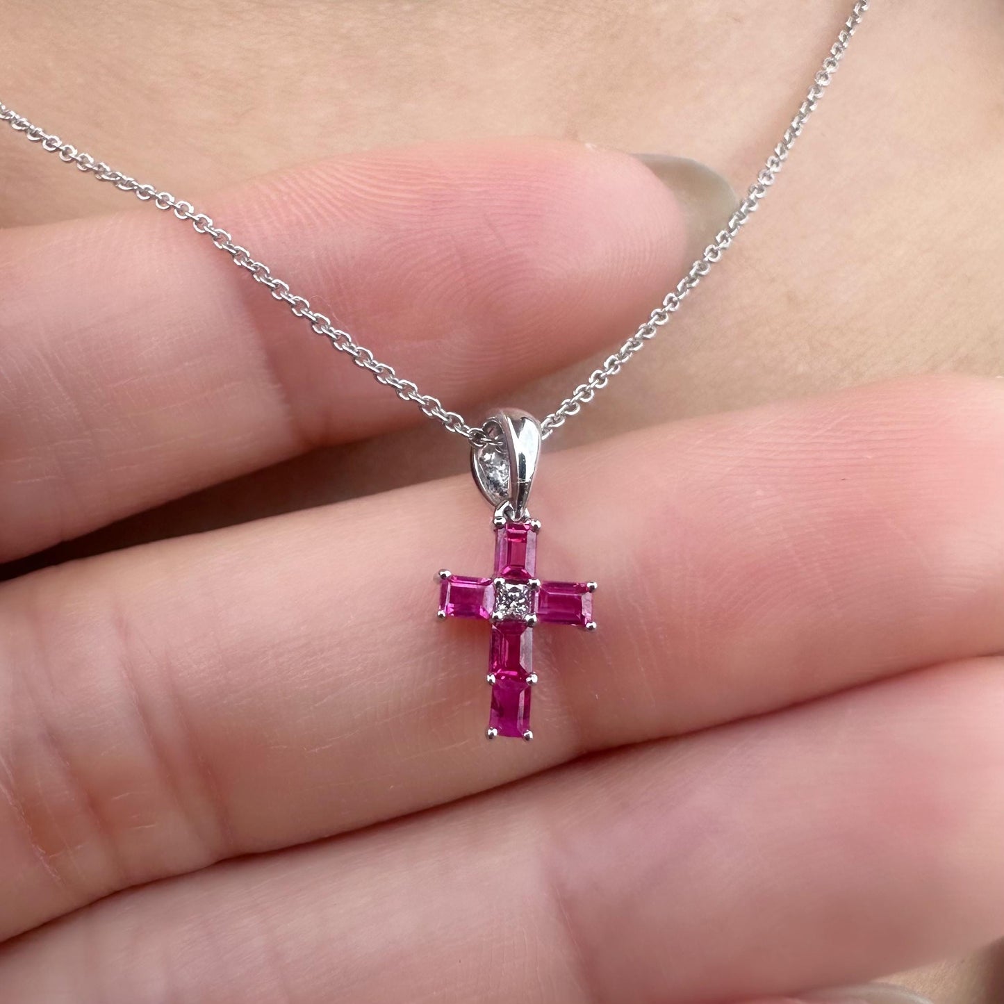 14K Solid White Gold Genuine Baguette Ruby and Diamond Cross Pendant