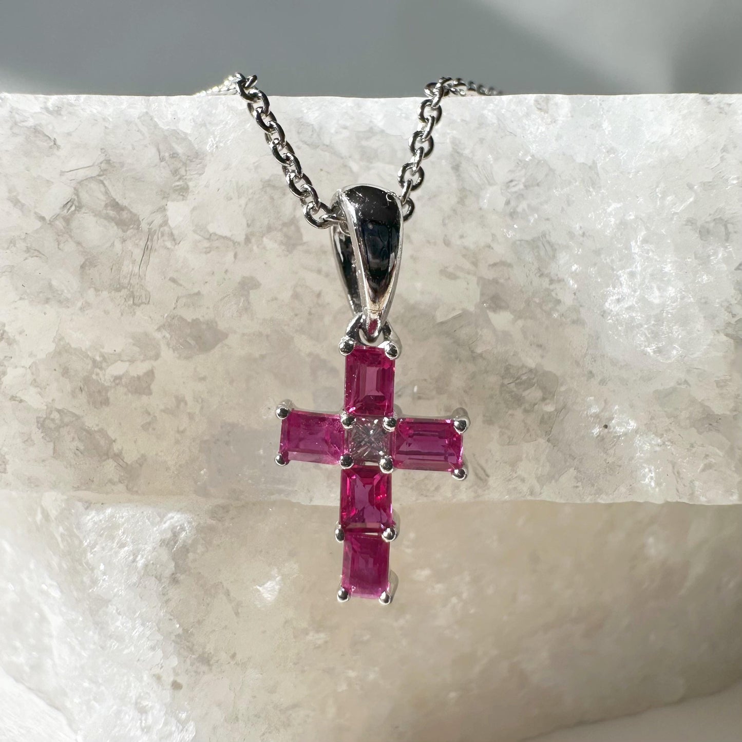 14K Solid White Gold Genuine Baguette Ruby and Diamond Cross Pendant
