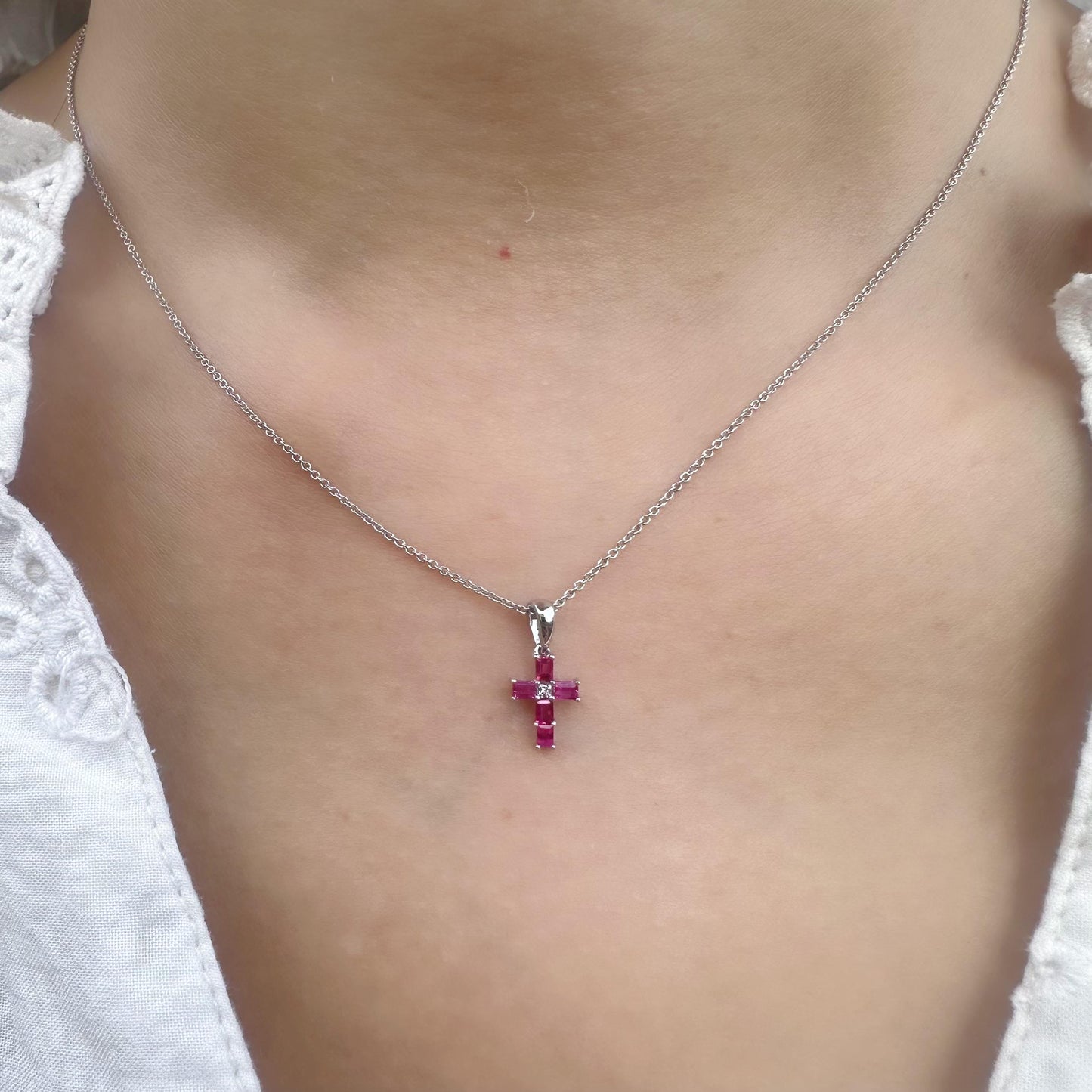14K Solid White Gold Genuine Baguette Ruby and Diamond Cross Pendant