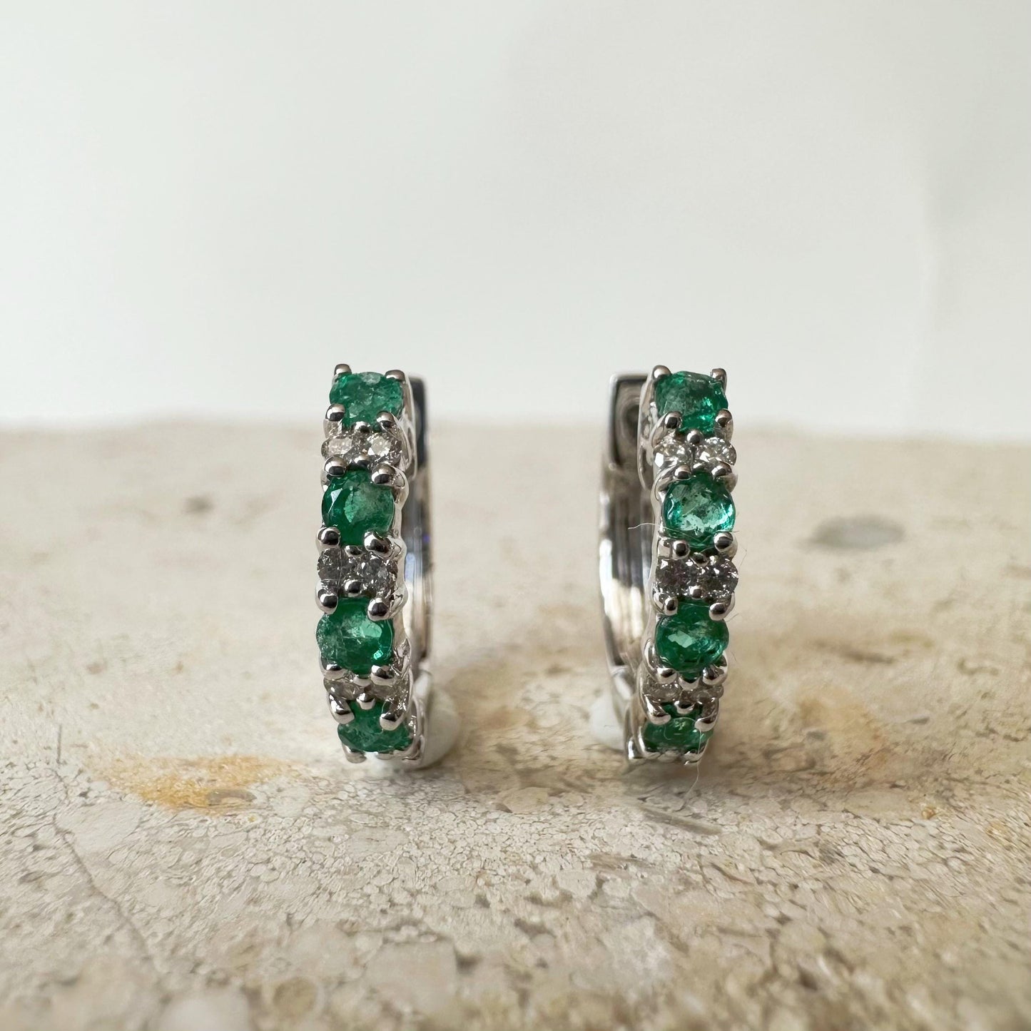 18K Solid White Gold Genuine Emerald and Diamond Hoops