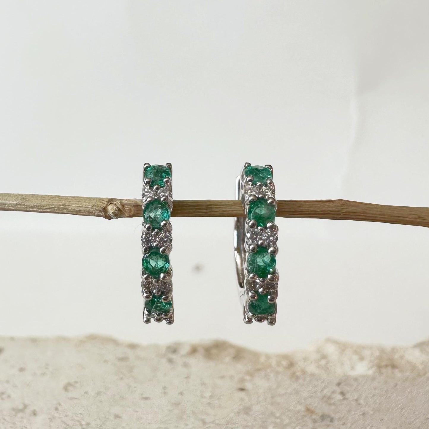 18K Solid White Gold Genuine Emerald and Diamond Hoops