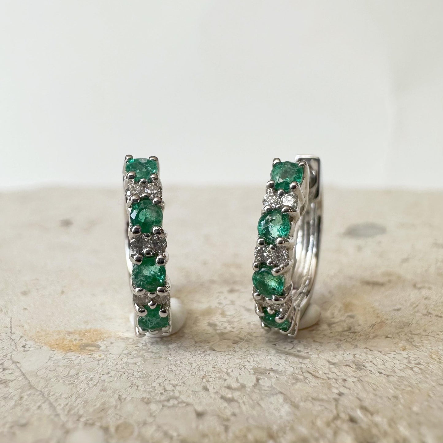 18K Solid White Gold Genuine Emerald and Diamond Hoops