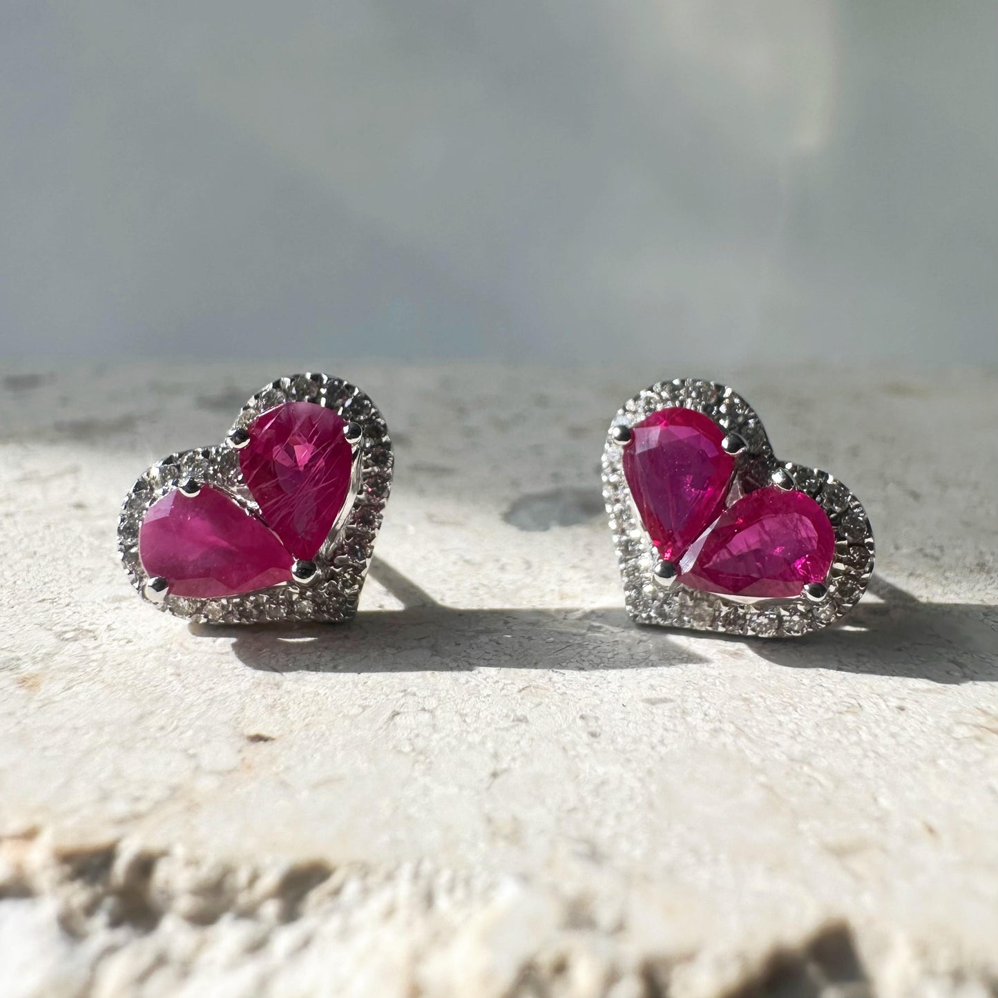 14K Solid White Gold Teardrop Ruby and Diamond Heart Earrings