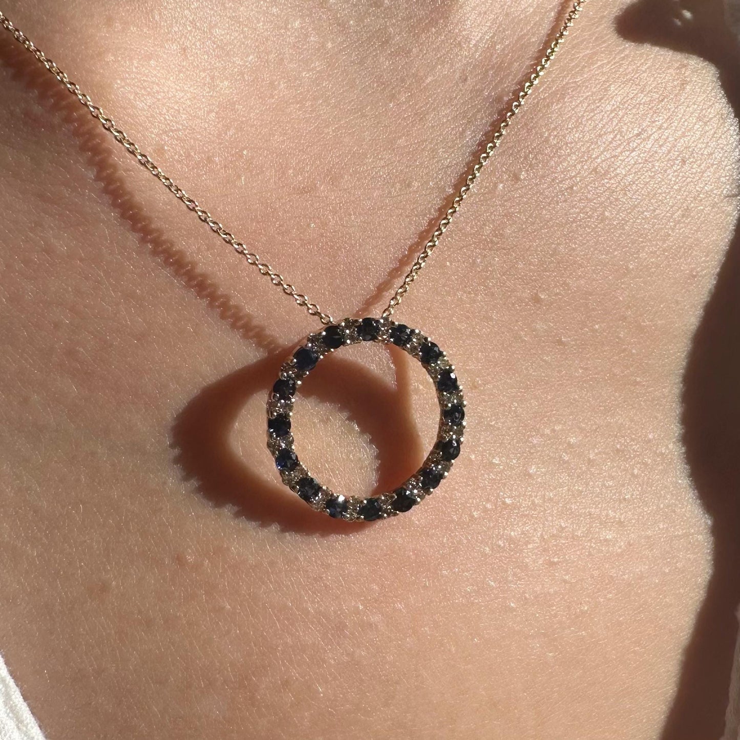 14K Solid Gold Genuine Sapphire and Diamond Circle Pendant
