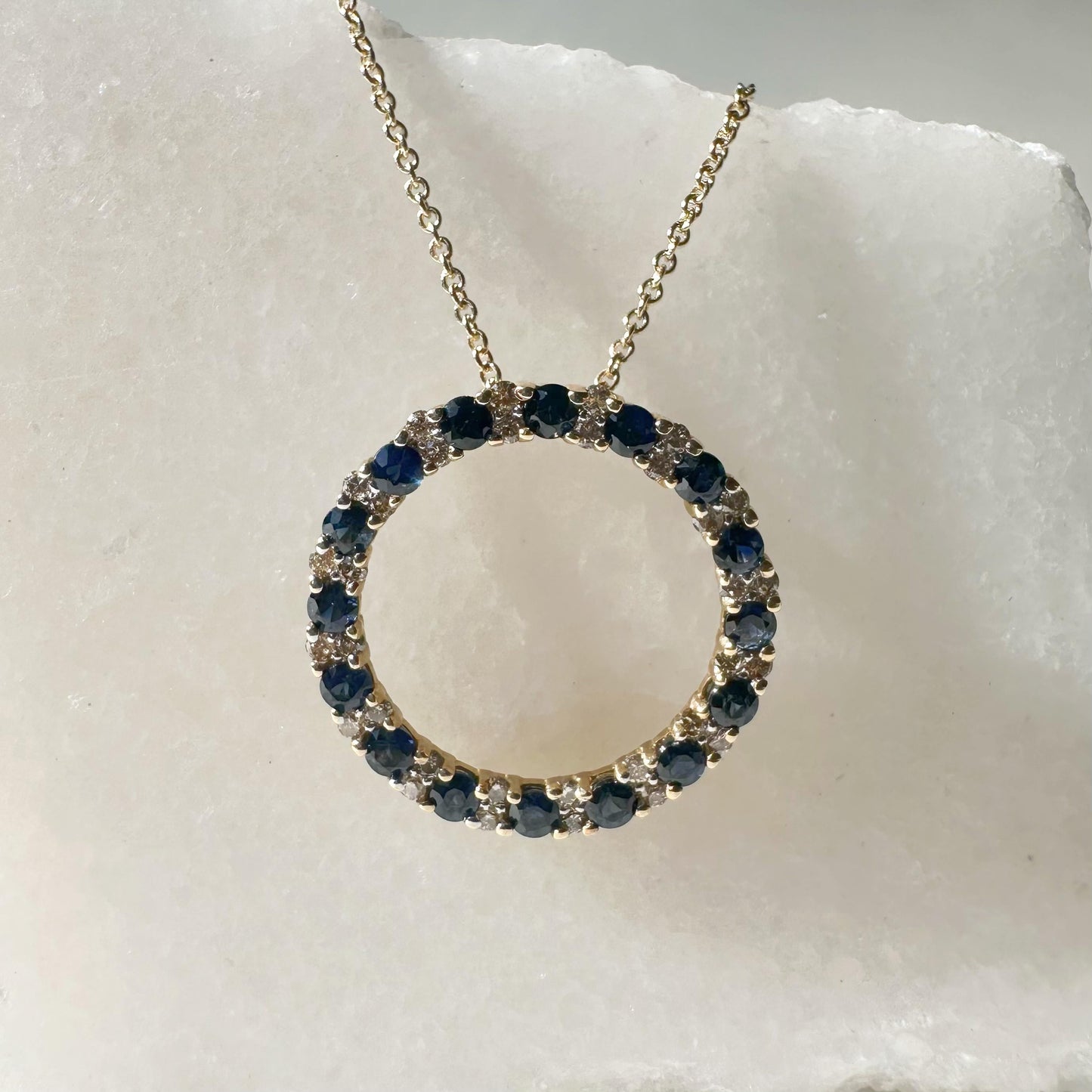 14K Solid Gold Genuine Sapphire and Diamond Circle Pendant