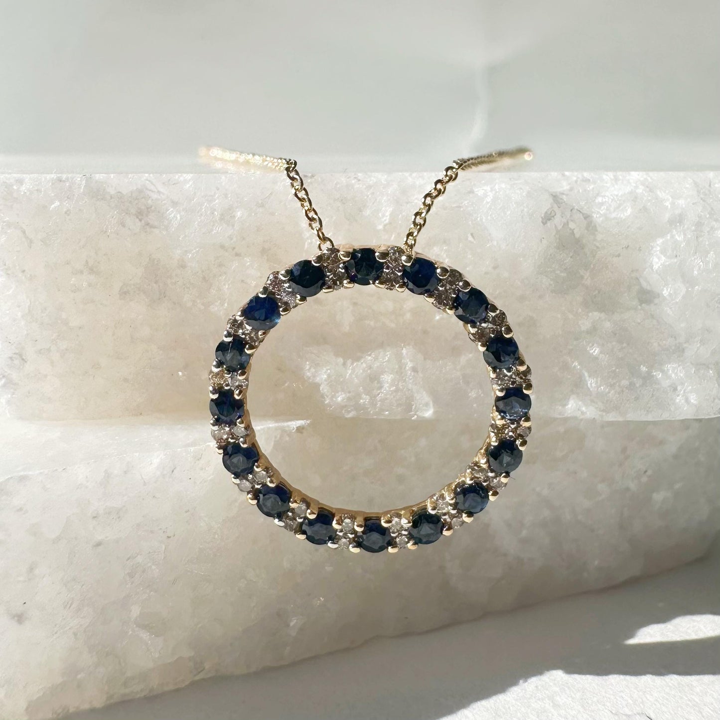 14K Solid Gold Genuine Sapphire and Diamond Circle Pendant