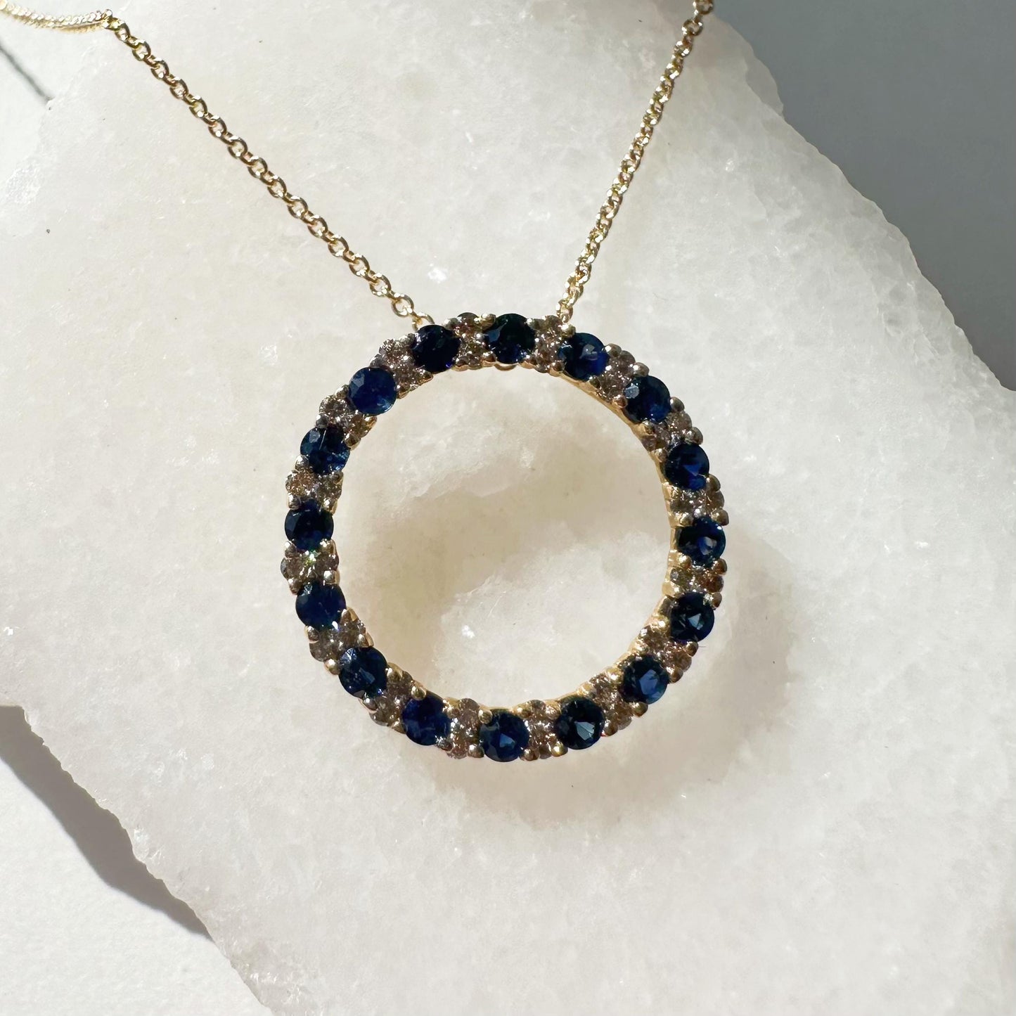 14K Solid Gold Genuine Sapphire and Diamond Circle Pendant