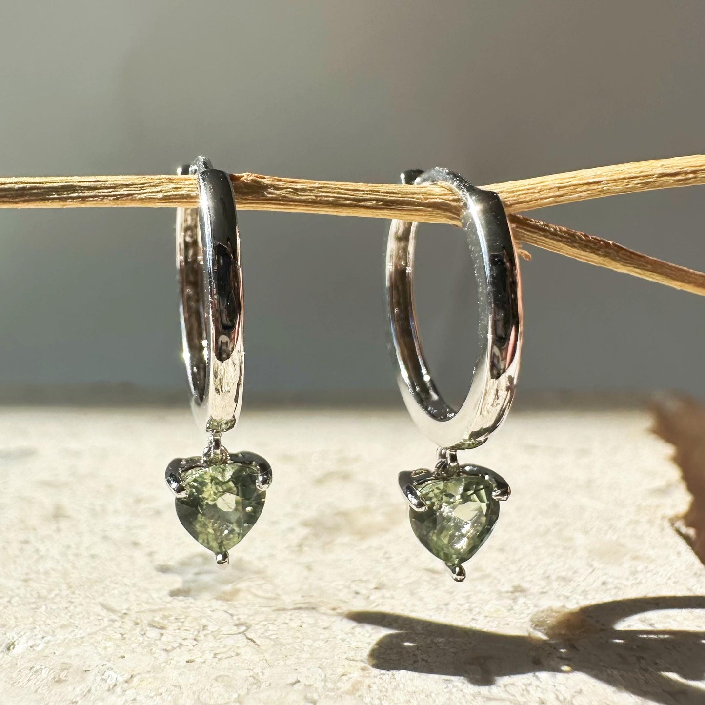 14K Solid Gold Genuine Green Sapphire Heart Huggies/Hoops/Pair