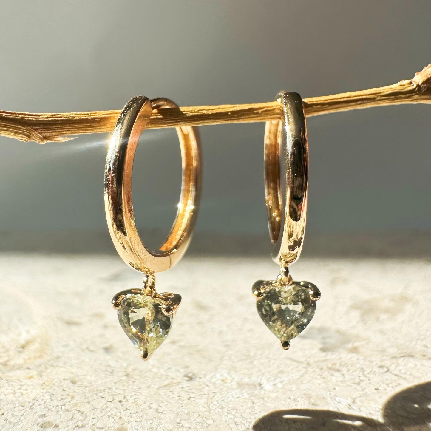 14K Solid Gold Genuine Green Sapphire Heart Huggies/Hoops/Pair