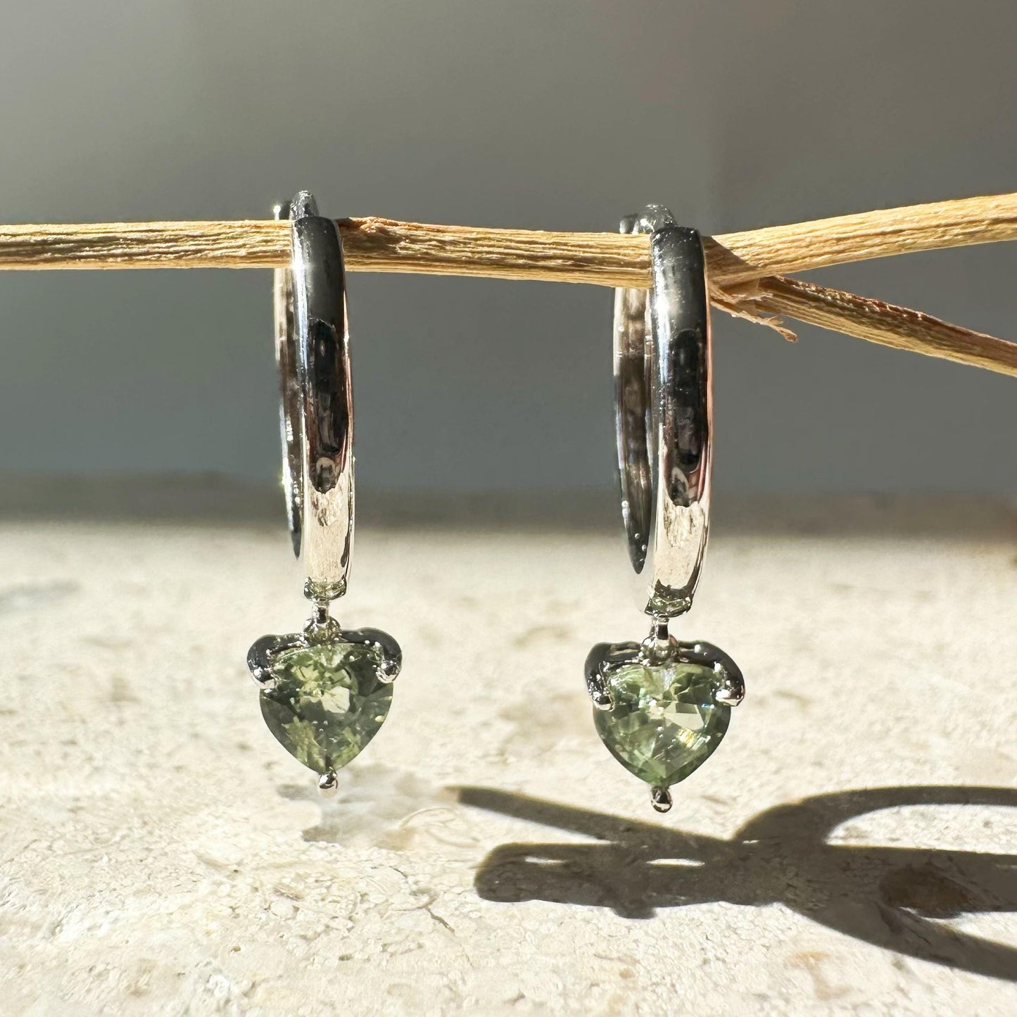 14K Solid Gold Genuine Green Sapphire Heart Huggies/Hoops/Pair
