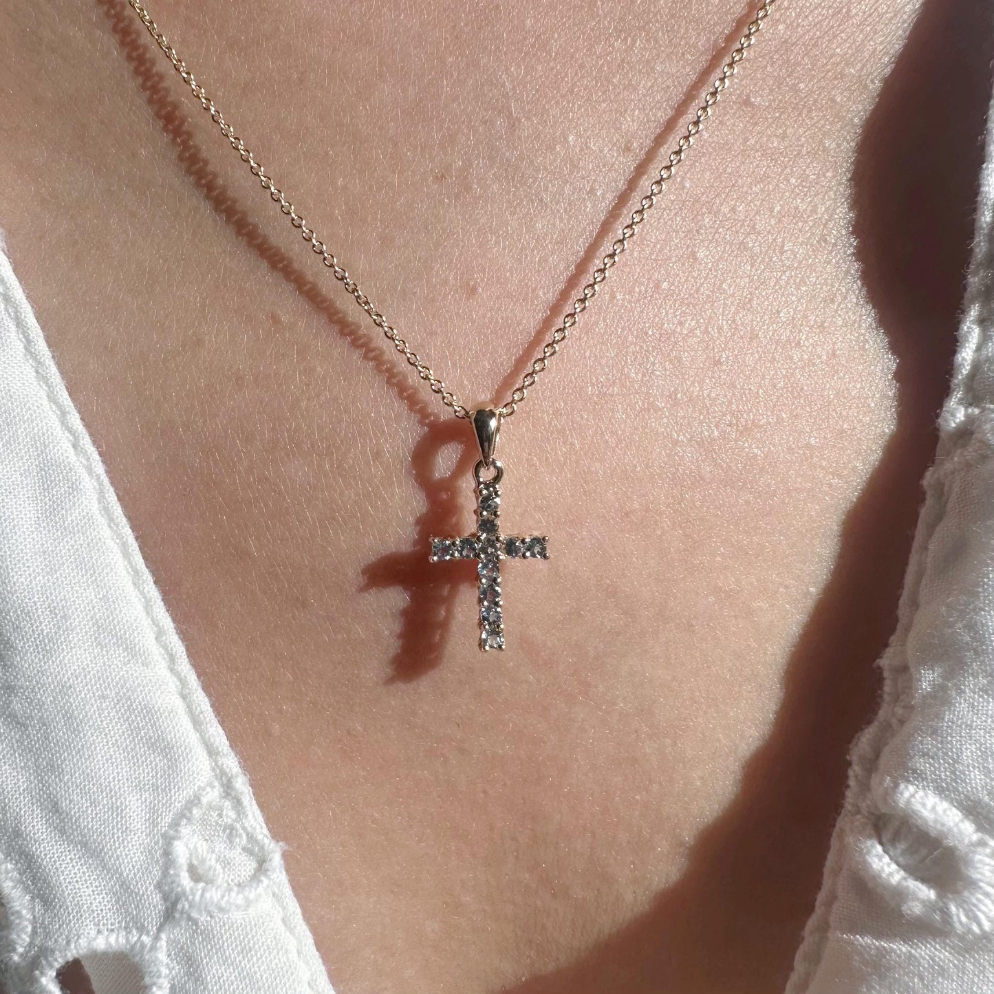 14K Solid Gold Genuine Blue Topaz Cross Pendant
