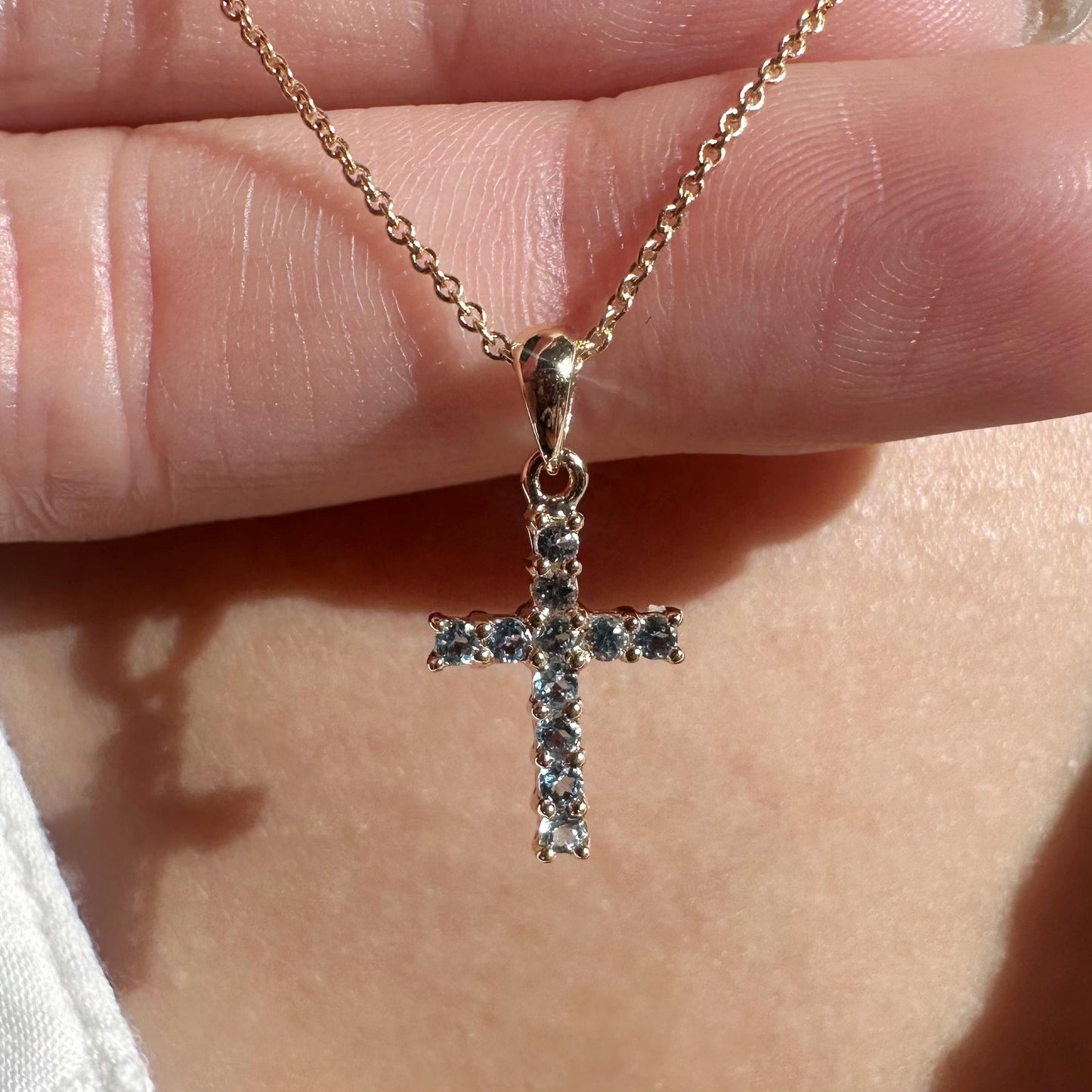 14K Solid Gold Genuine Blue Topaz Cross Pendant