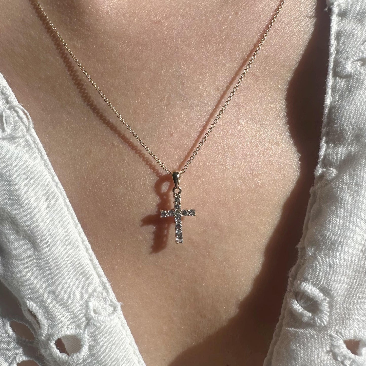 14K Solid Gold Genuine Blue Topaz Cross Pendant