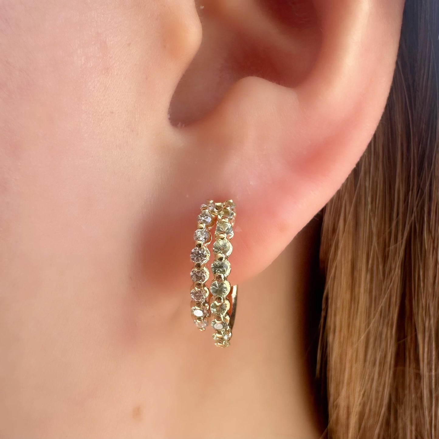 14K Solid Gold Genuine Green Sapphire and Diamond Double Hoops/Pair