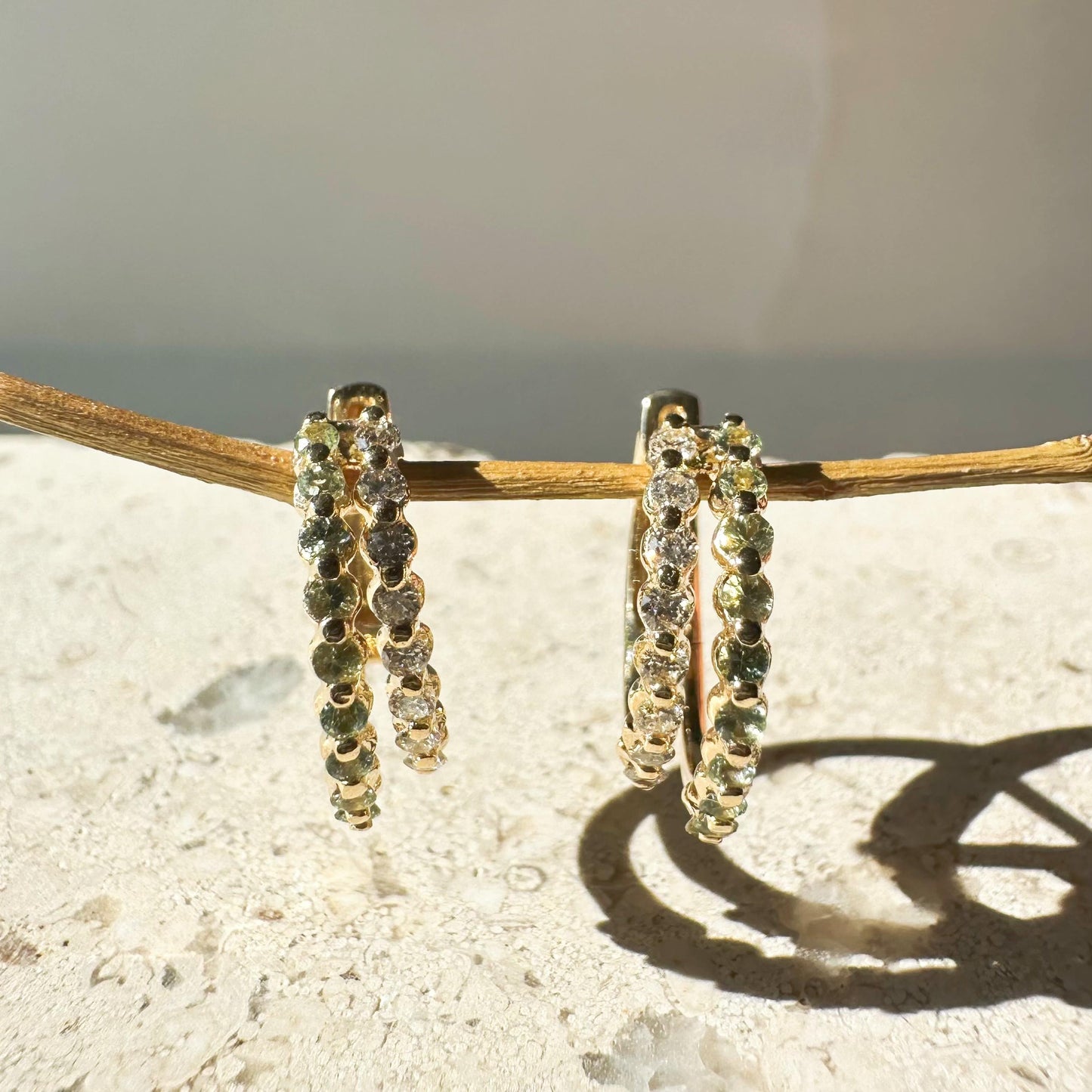 14K Solid Gold Genuine Green Sapphire and Diamond Double Hoops/Pair