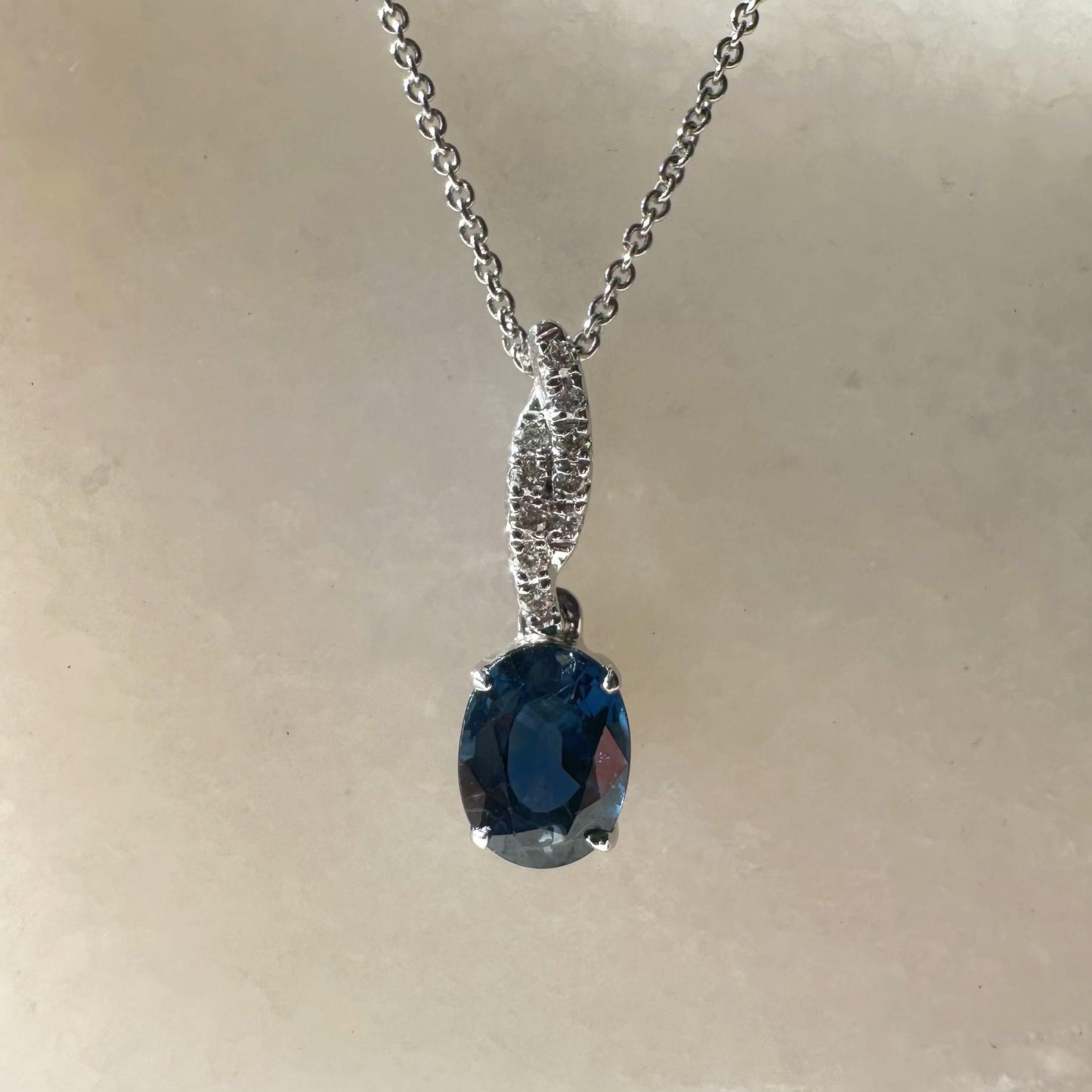 14K Solid White Gold Genuine 1 Carat Sapphire and Diamond Pendant