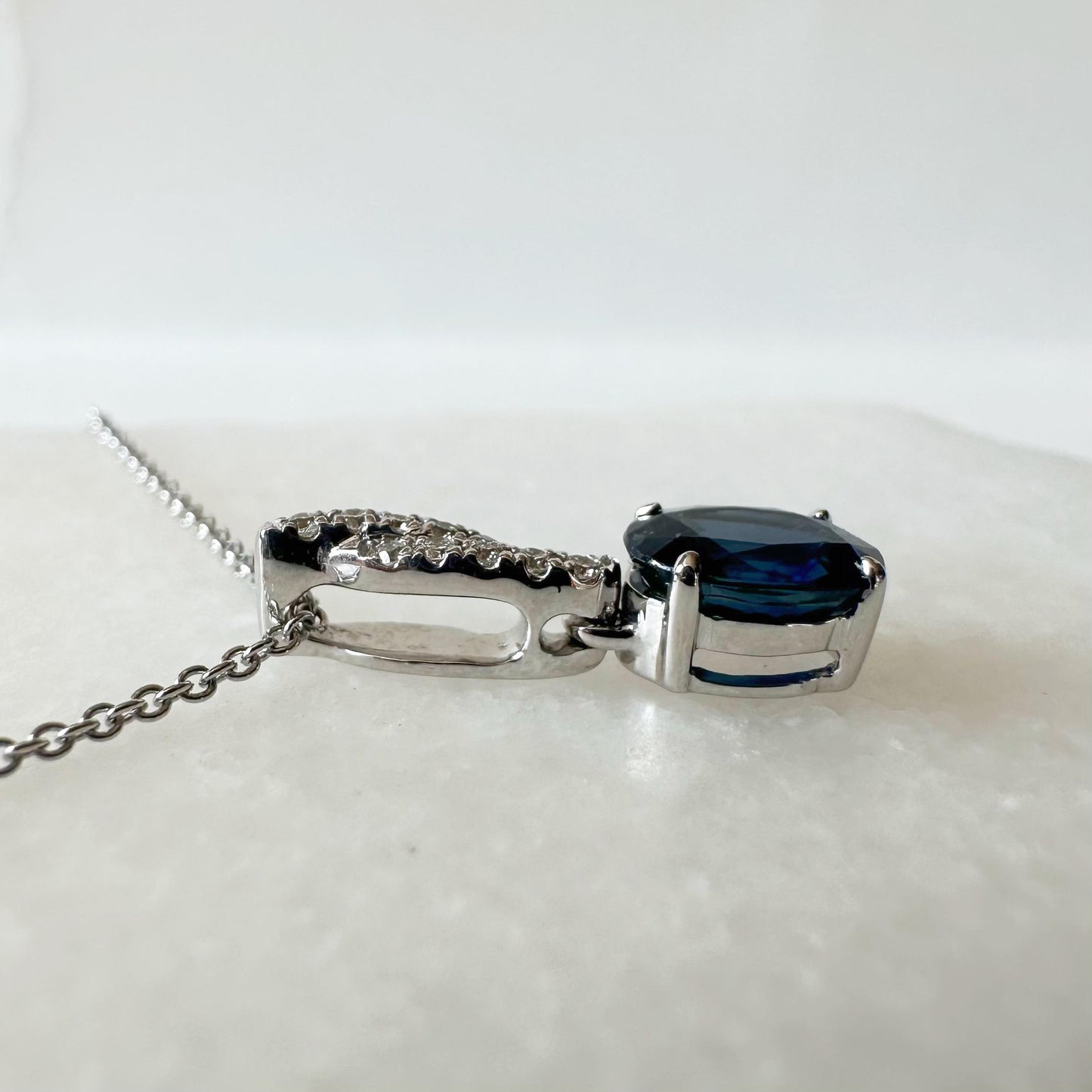 14K Solid White Gold Genuine 1 Carat Sapphire and Diamond Pendant