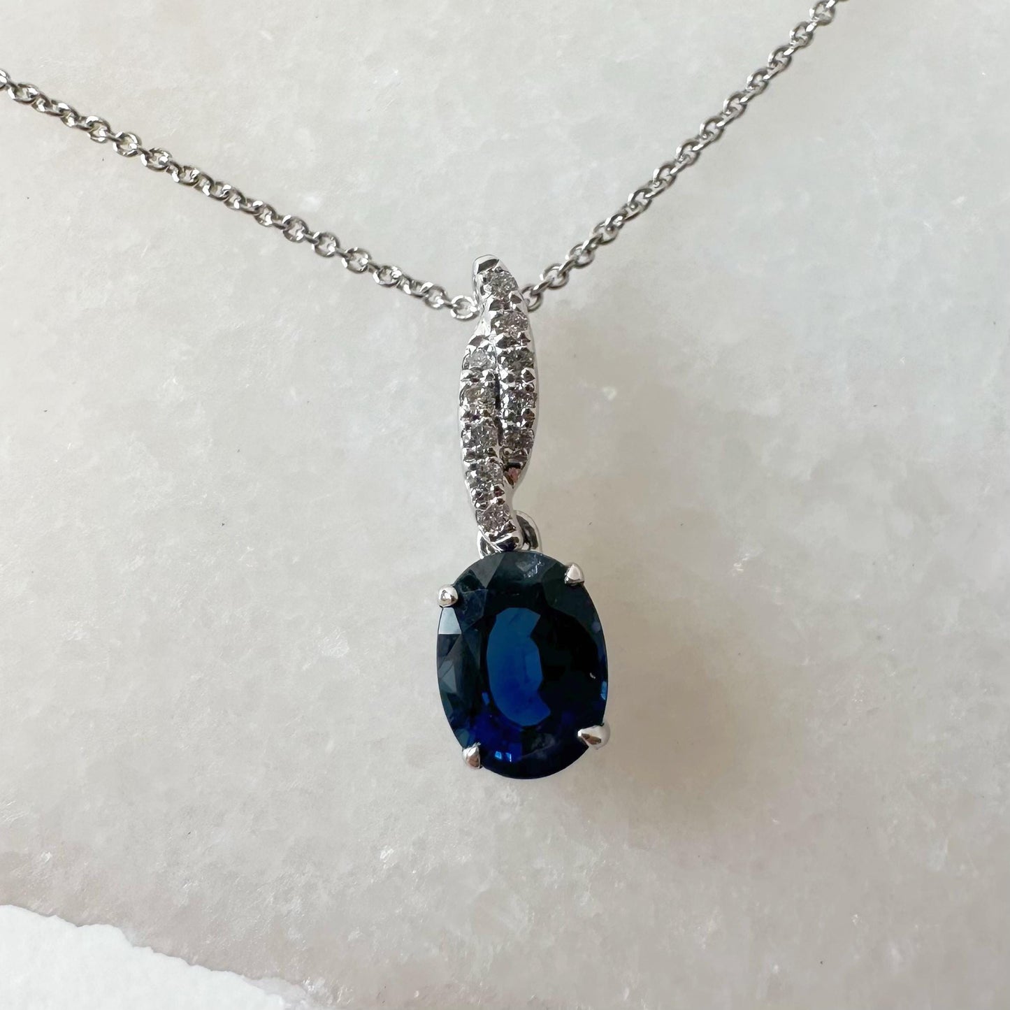 14K Solid White Gold Genuine 1 Carat Sapphire and Diamond Pendant