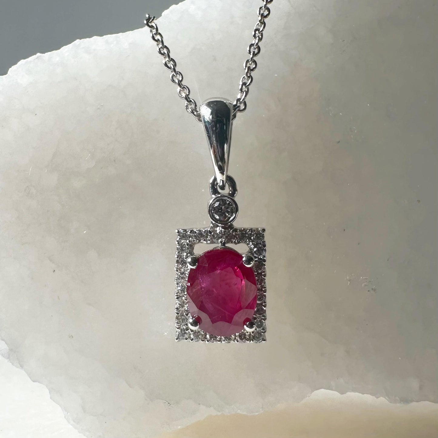 14K Solid Gold Genuine Oval Ruby and Diamond Square Pendant