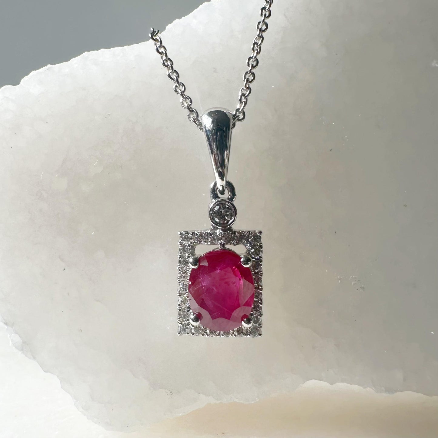 14K Solid Gold Genuine Oval Ruby and Diamond Square Pendant