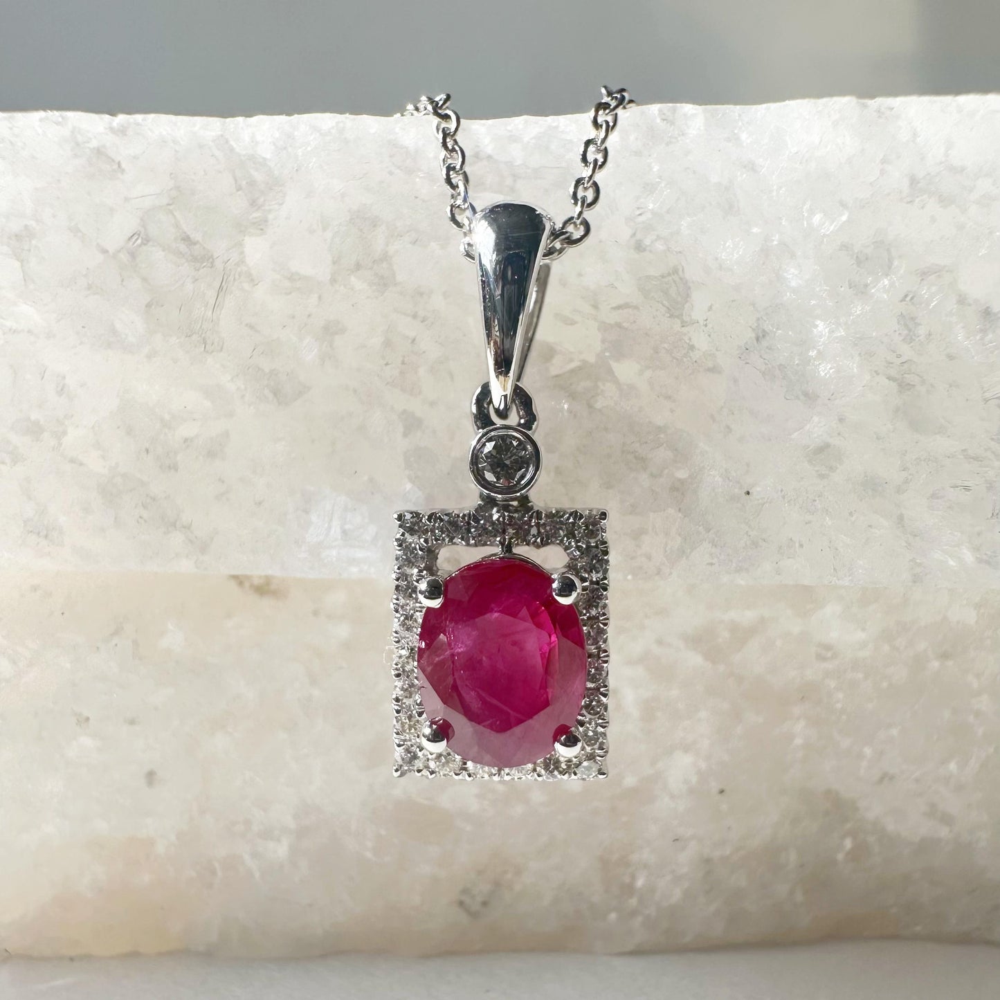 14K Solid Gold Genuine Oval Ruby and Diamond Square Pendant