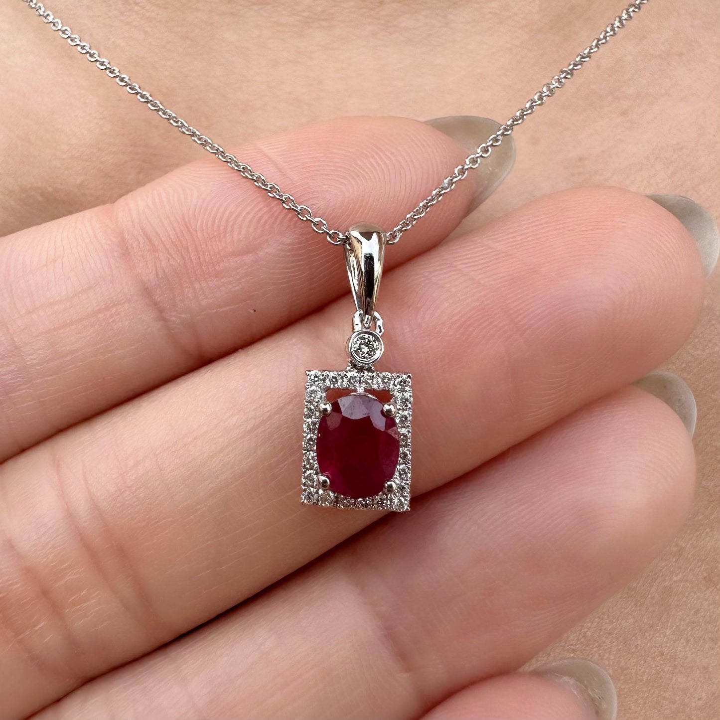 14K Solid Gold Genuine Oval Ruby and Diamond Square Pendant
