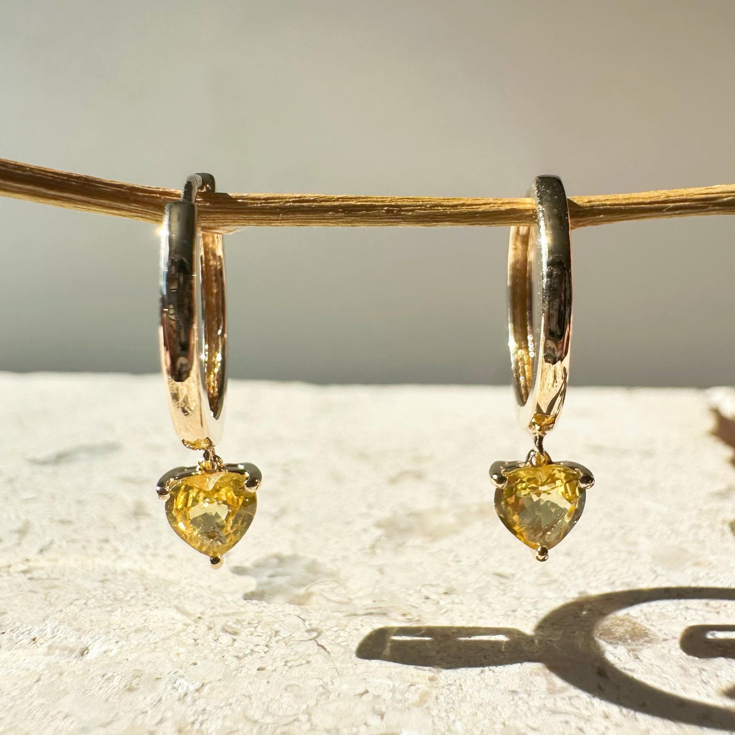 14K Solid Gold Genuine Yellow Sapphire Heart Huggies/Hoops/Pair
