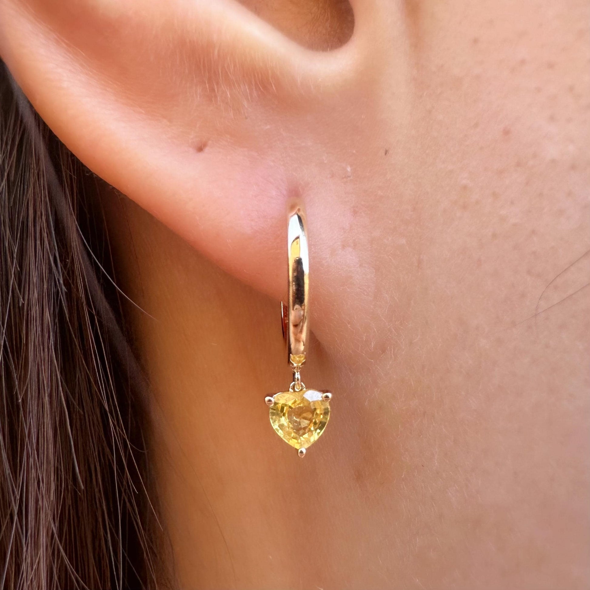 14K Solid Gold Genuine Yellow Sapphire Heart Huggies/Hoops/Pair