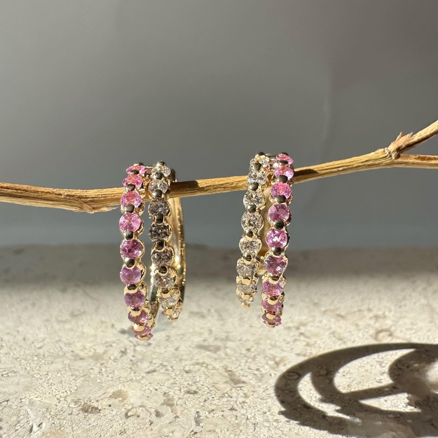 14K Solid Yellow Gold Genuine Pink Sapphire and Diamond Double Hoops/Pair