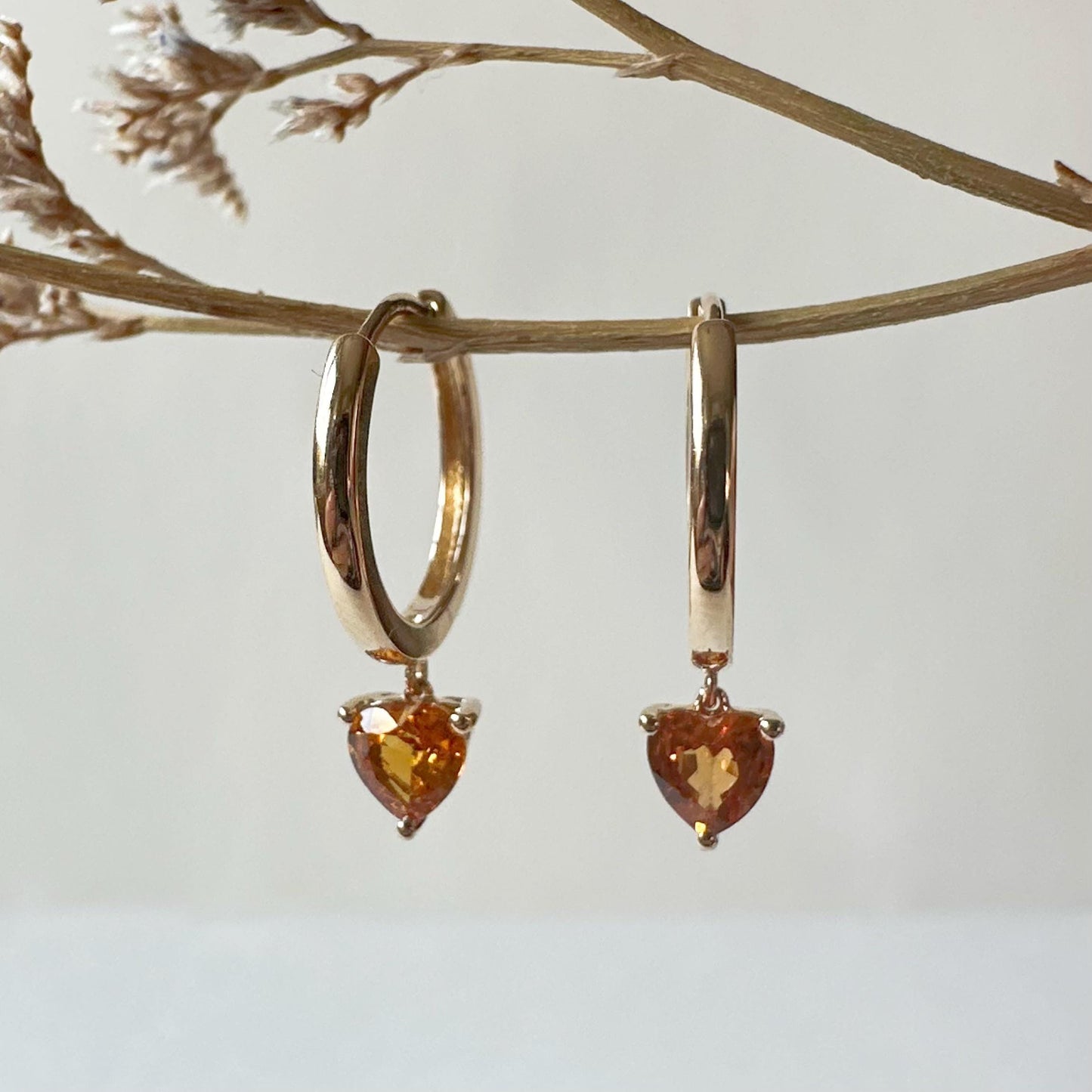 14K Solid Gold Genuine Orange Sapphire Heart Huggies/Hoops/Pair