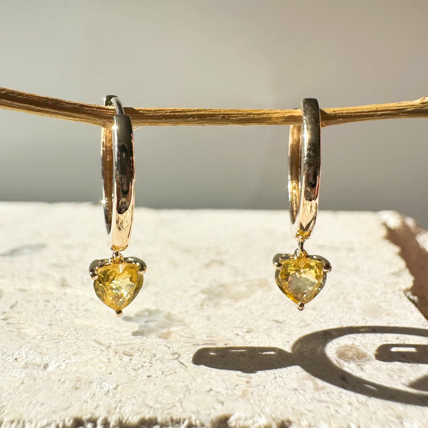14K Solid Gold Genuine Yellow Sapphire Heart Huggies/Hoops/Pair