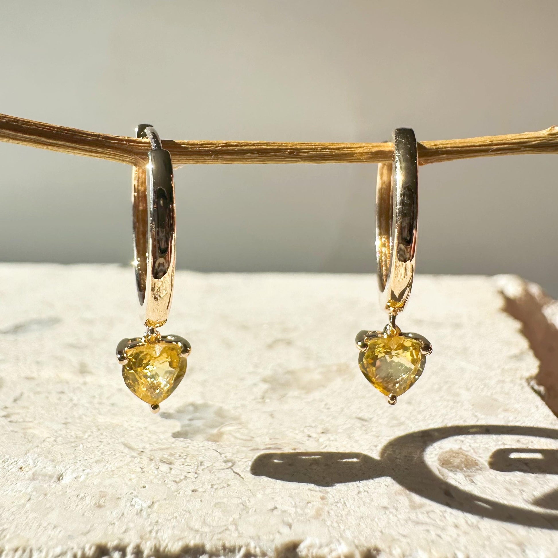 14K Solid Gold Genuine Yellow Sapphire Heart Huggies/Hoops/Pair