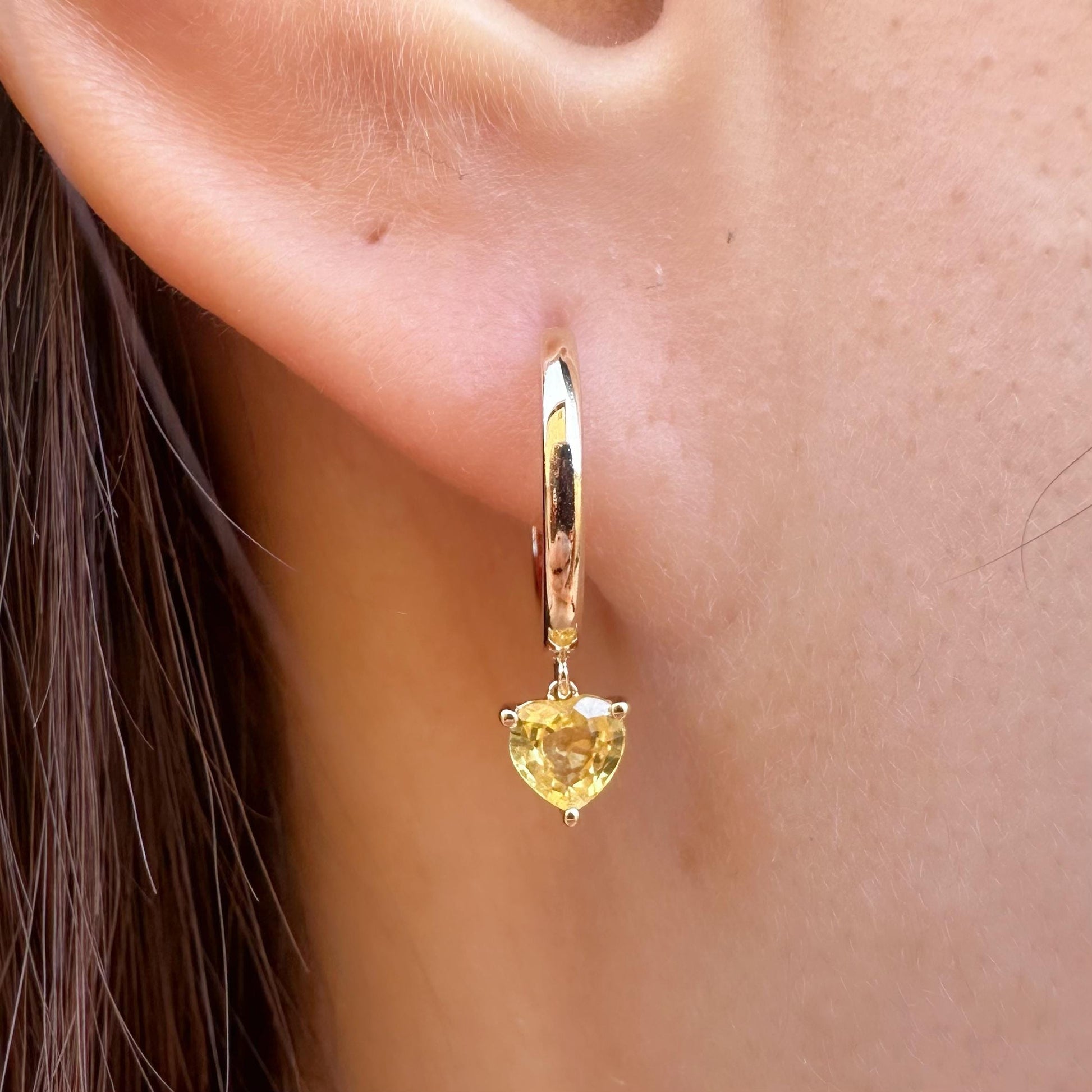 14K Solid Gold Genuine Yellow Sapphire Heart Huggies/Hoops/Pair