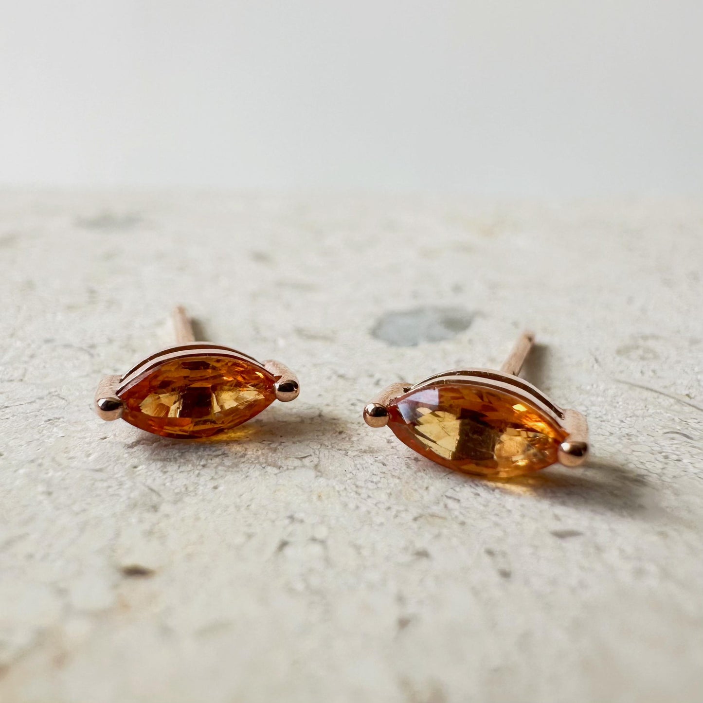 14K Solid Rose Gold Orange Sapphire Marquise Studs (pair)