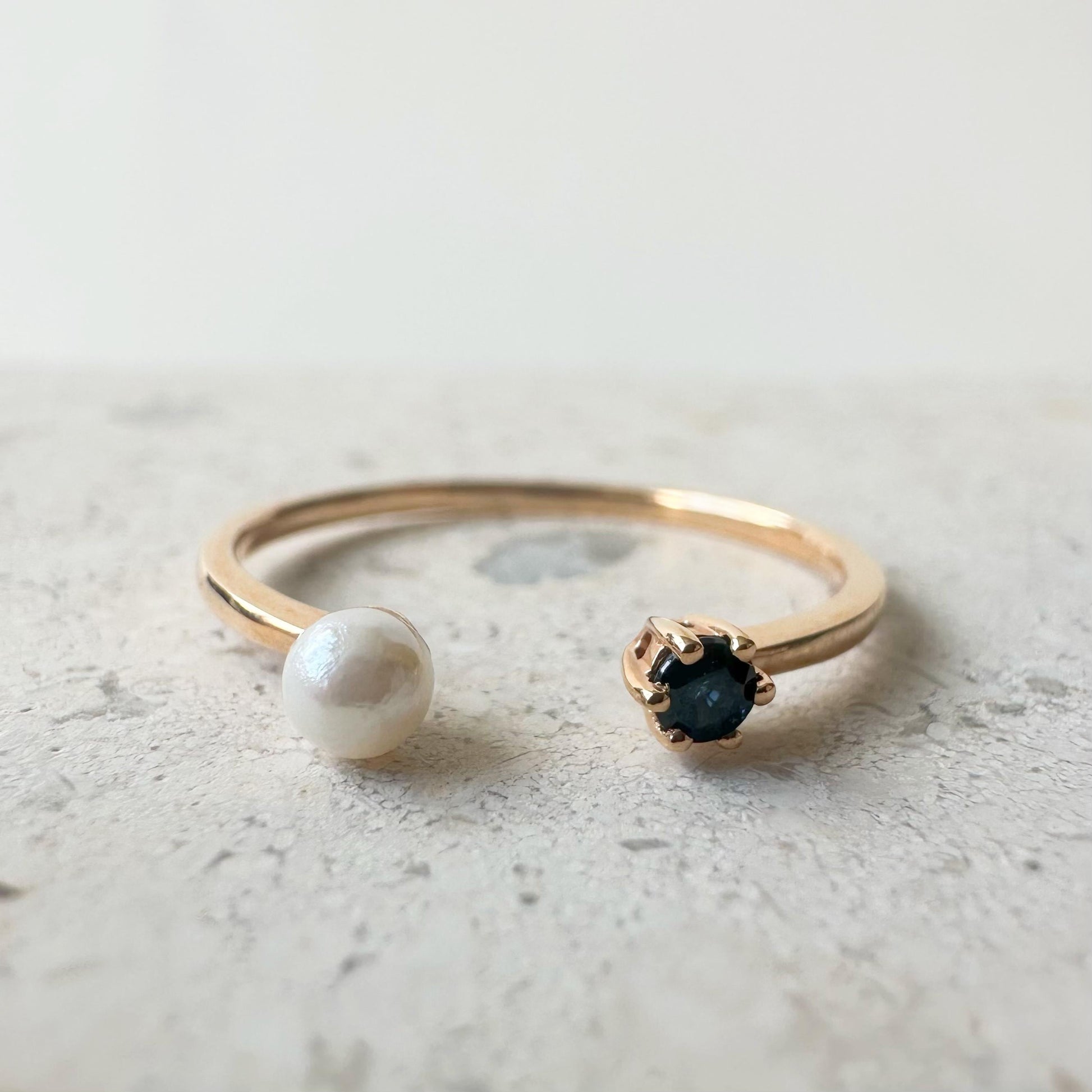 18K Solid Rose Gold Genuine Sapphire and Pearl Open Ring