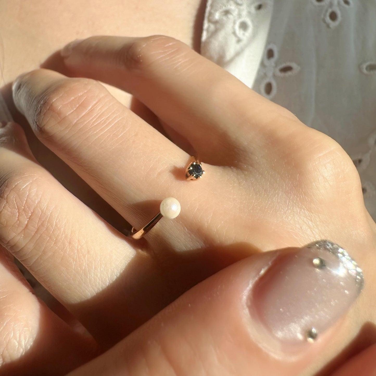 18K Solid Rose Gold Genuine Sapphire and Pearl Open Ring