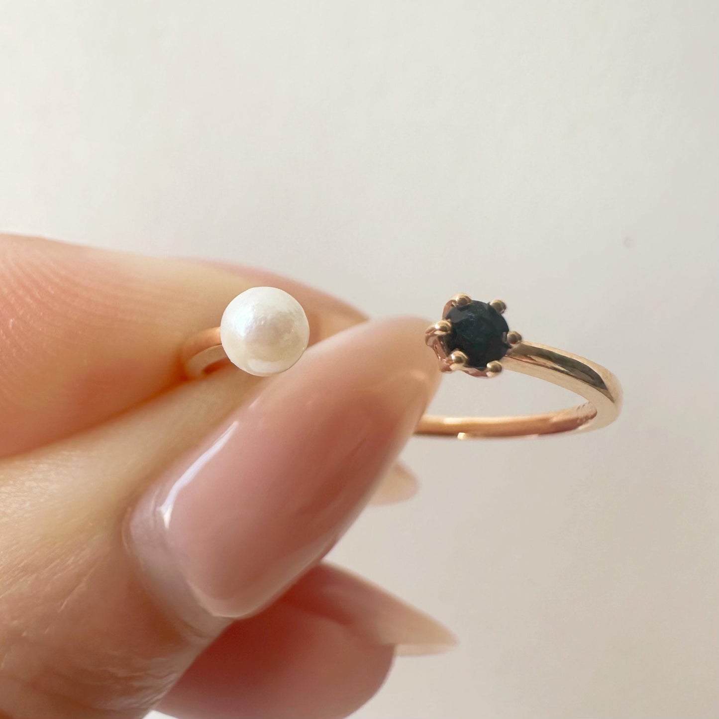 18K Solid Rose Gold Genuine Sapphire and Pearl Open Ring