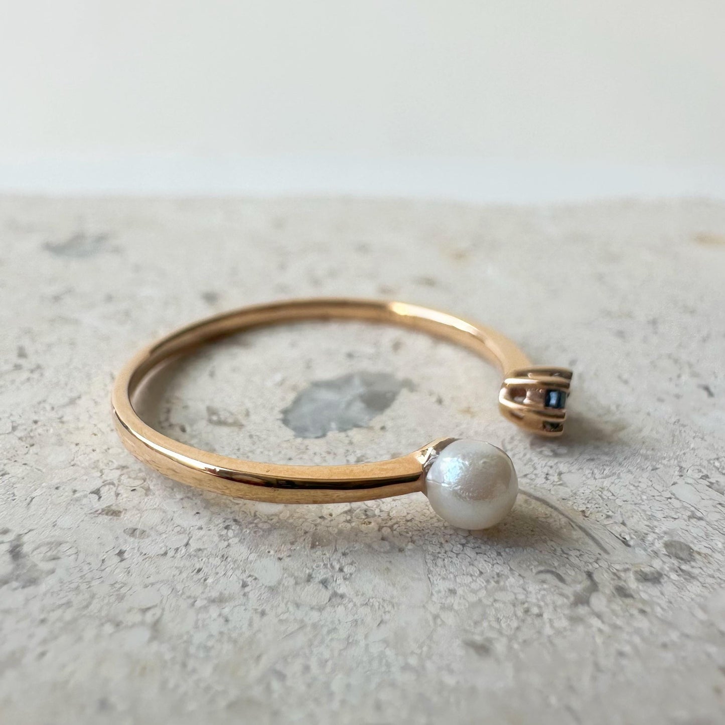 18K Solid Rose Gold Genuine Sapphire and Pearl Open Ring