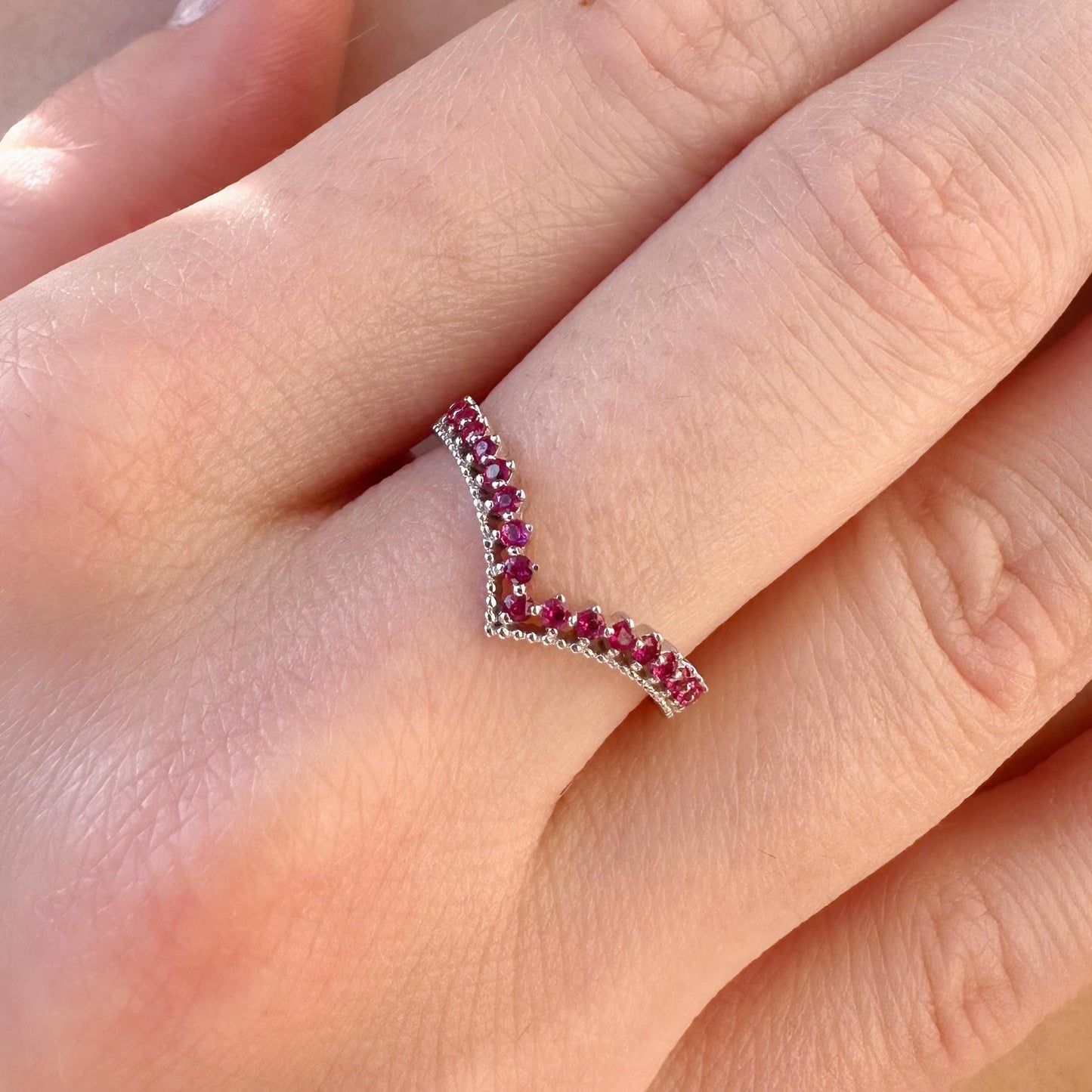 14K Solid White Gold Genuine Ruby Chevron Ring