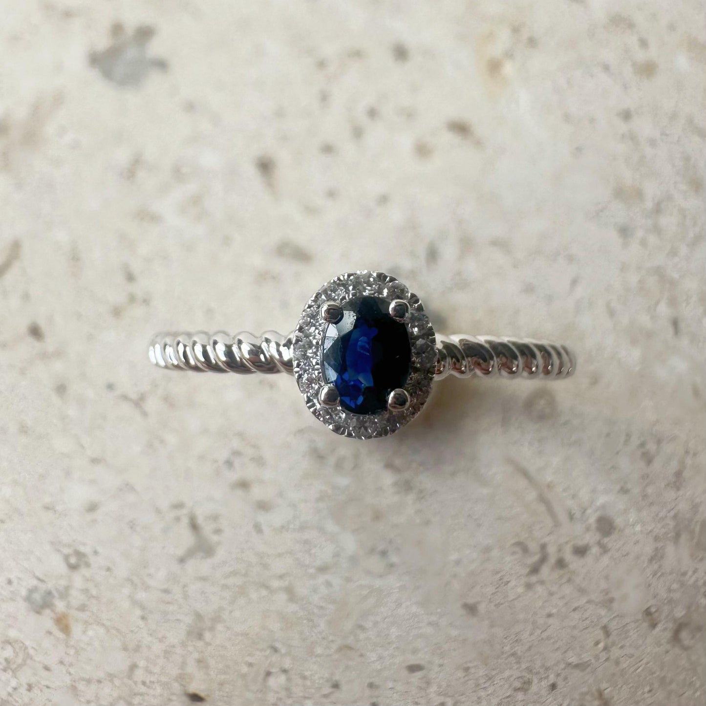 14K Solid White Gold Genuine Halo Sapphire and Diamond Rope Ring