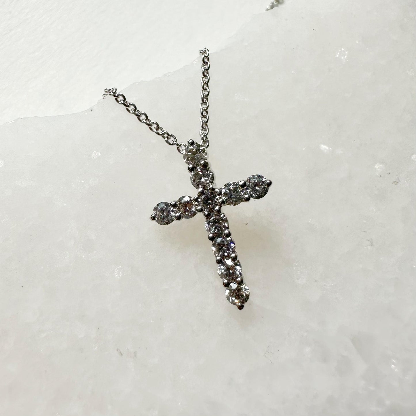 14K Solid Gold Genuine Round Diamond Cross Necklace